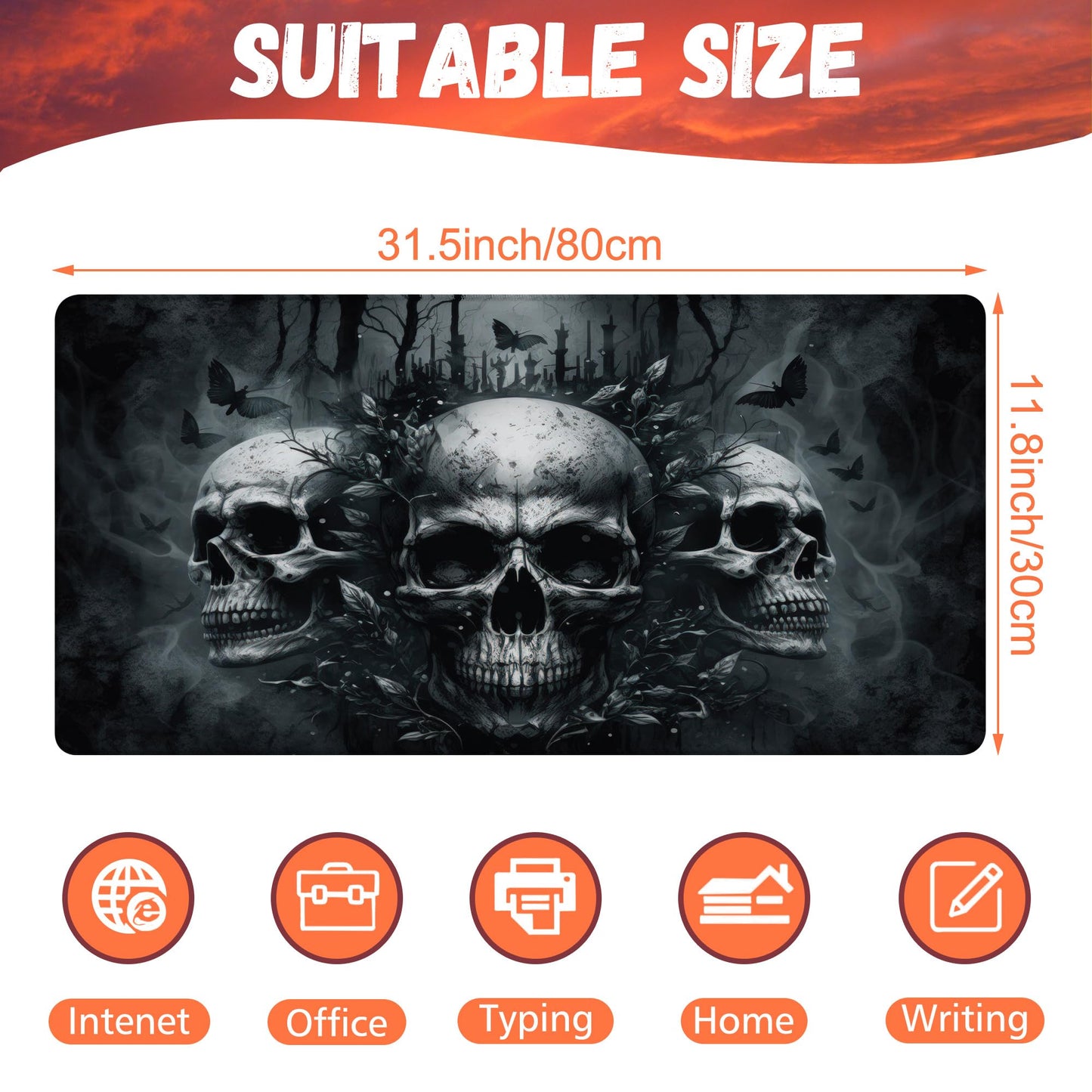 KOAIWPAE Large Gaming Mouse Pad, Ghostly Skulls in Mist Desk Mat, Scary Skulls Desk Pad