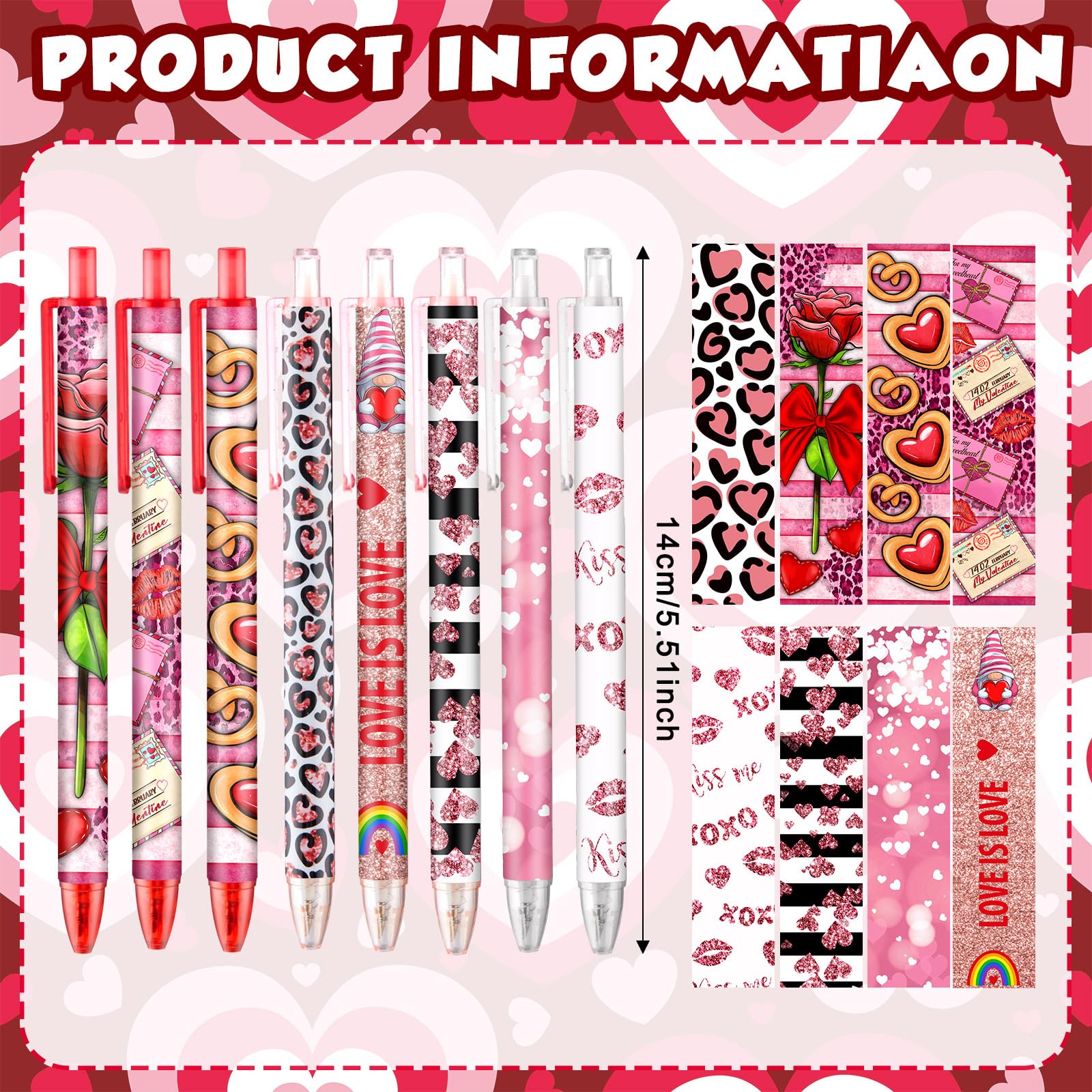 Leinuosen 72 Pcs Valentines Day Pens Bulk Valentine's Day Heart Ballpoint Pens Retractable Black