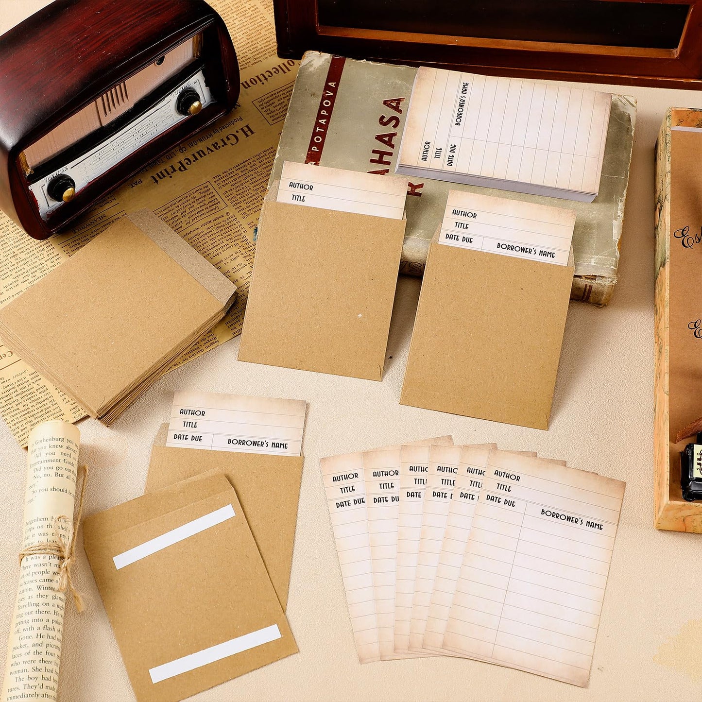 Roowest 120 Pack Library Card Pockets Library Checkout Index Cards, Retro