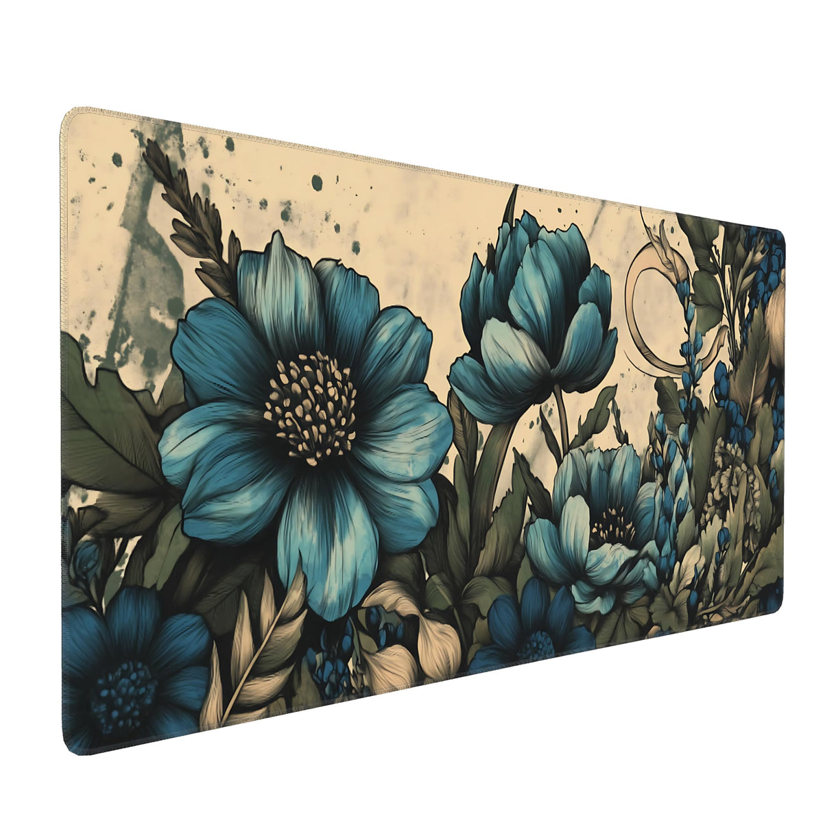 Floral Aesthetic Dahlia Gaming Mouse Pad, Apricot Blue Vintage Botanical Desk Mat with Anti-Slip