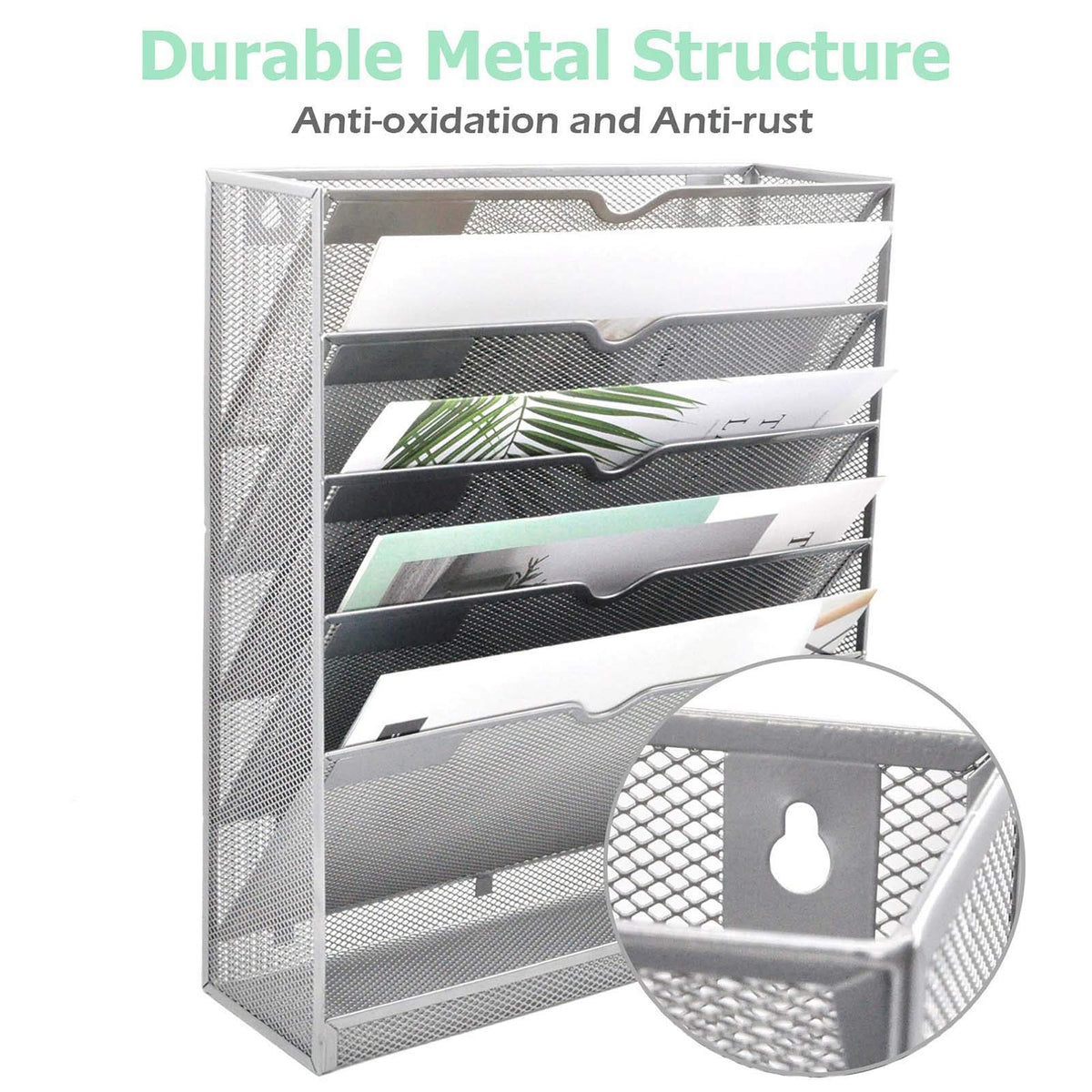 EASEPRES Mesh Wall File Organizer 6 Tier Vertical Mount Hanging Holder Magazine Rack with Bottom