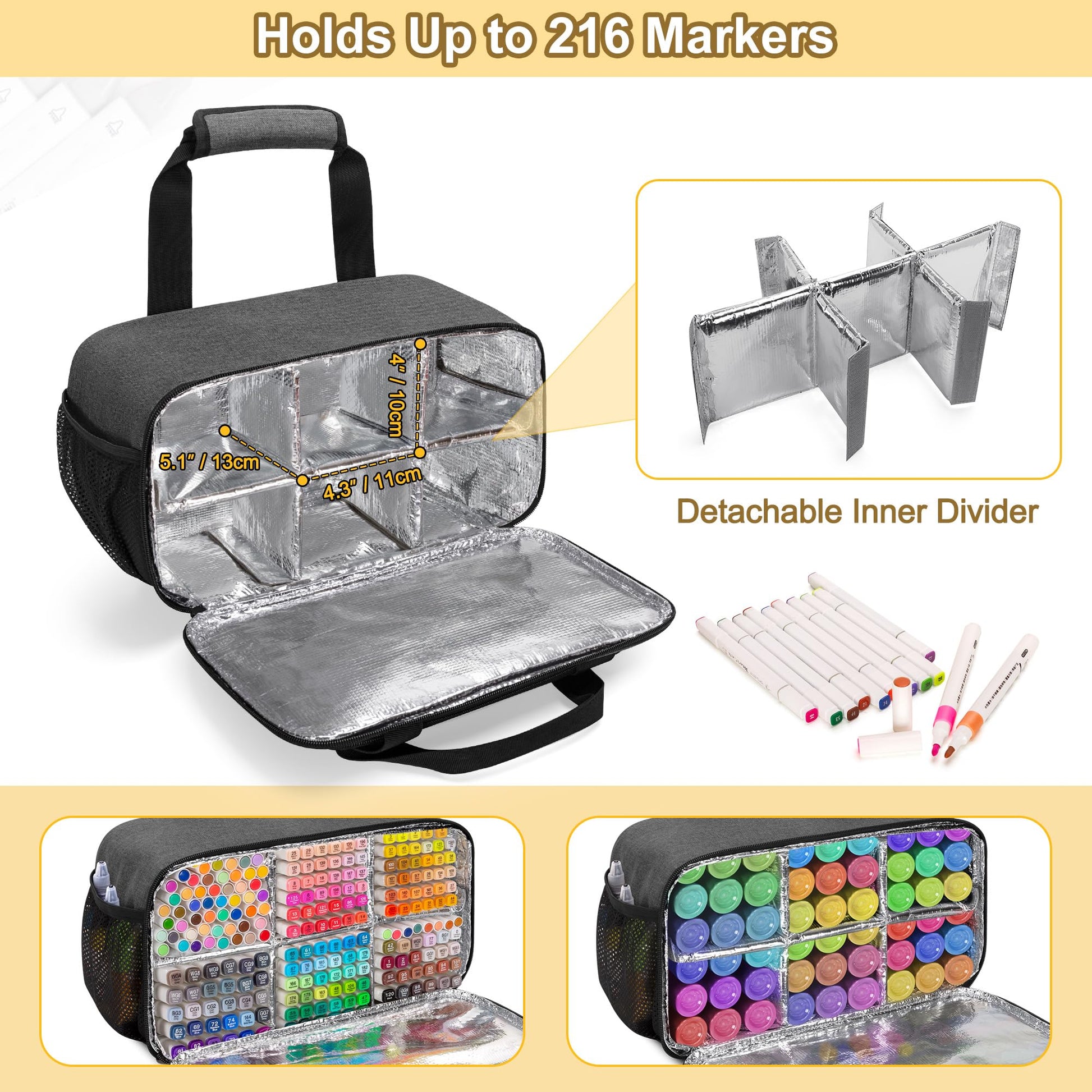 Case Organizer for up to 216 Markers, Large Mark Bag With Carrying Handle