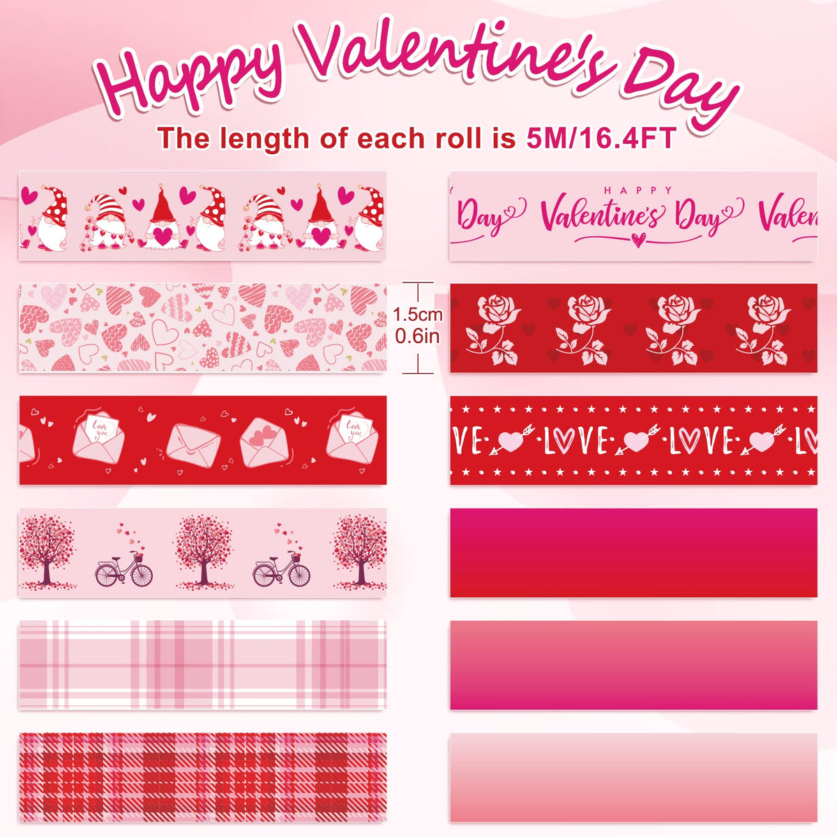 Whaline 12 Rolls Valentine Washi Tape Red Pink Heart Gnome Love Masking Tape for Wedding Scrapbook