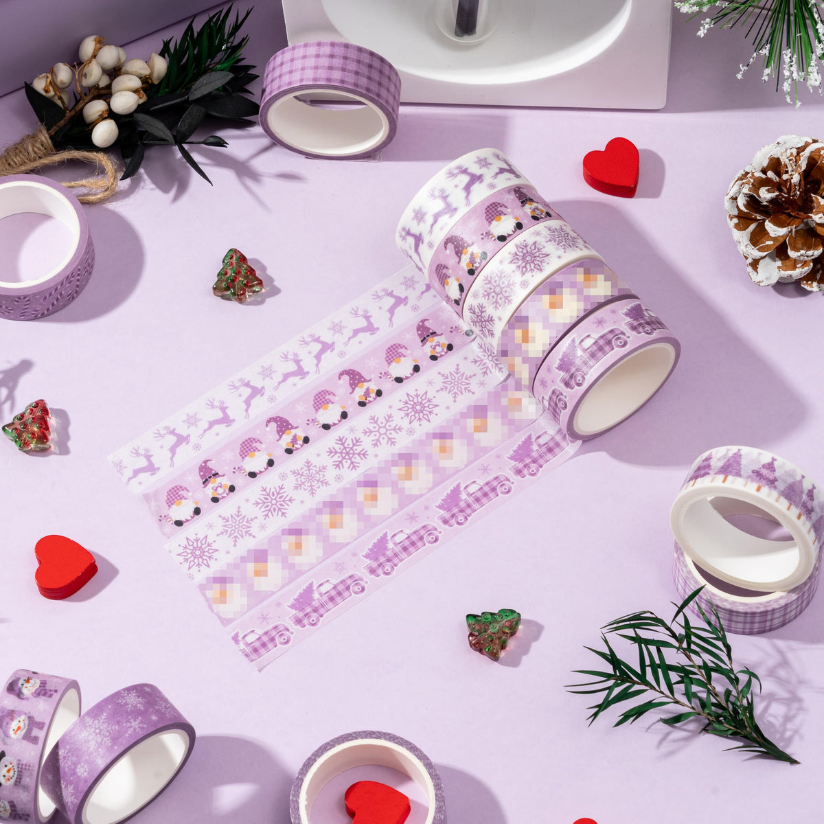 BkeeCten Purple Christmas Washi Tape - 12 Rolls Elegant Santa Reindeer Snowflake Watercolor Double