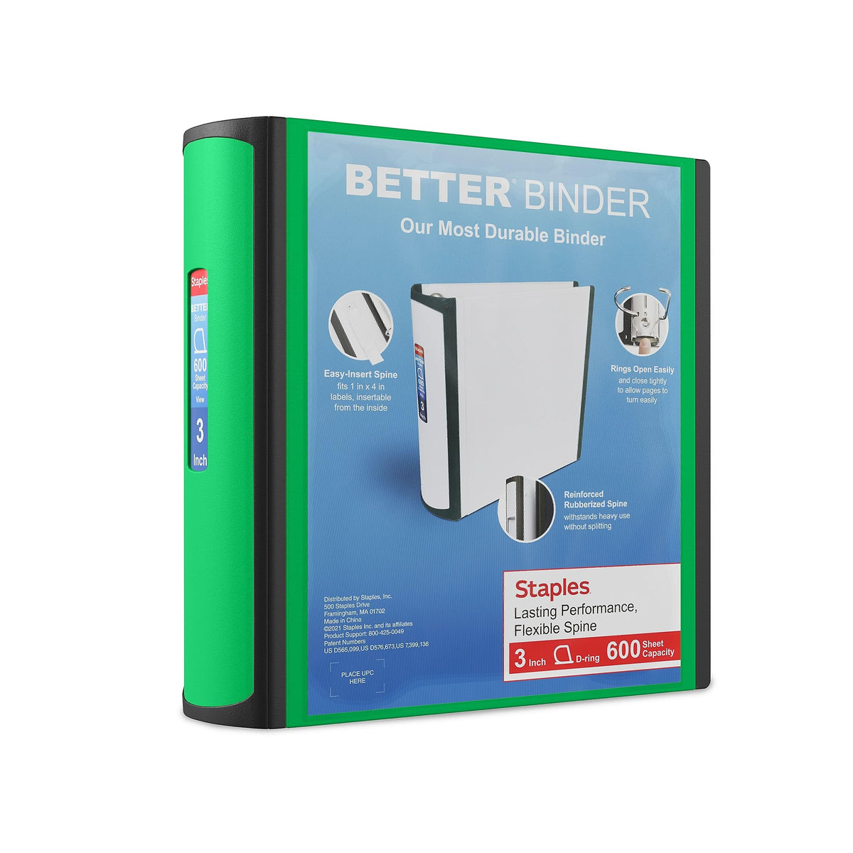 Staples Better Binder, 3 Inch D-Ring, Green, 600 Sheets, 2-Pack