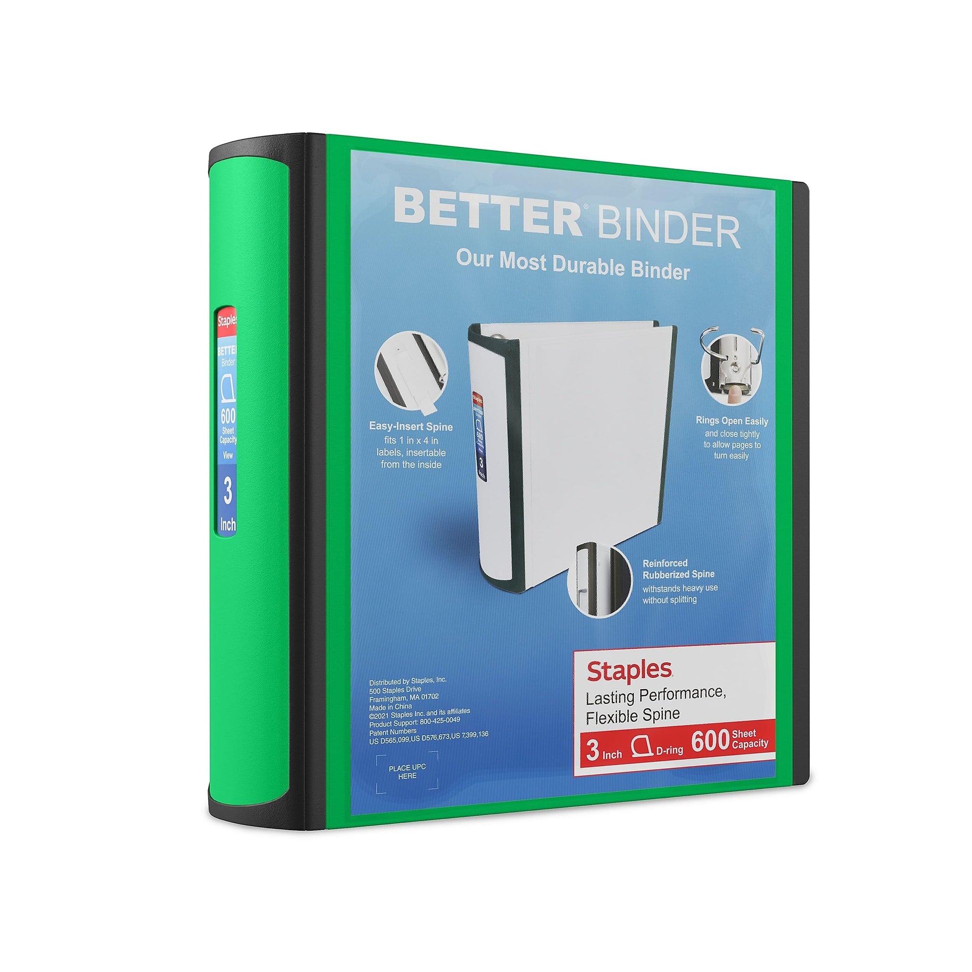 Staples Better Binder, 3 Inch D-Ring, Green, 600 Sheets, 2-Pack