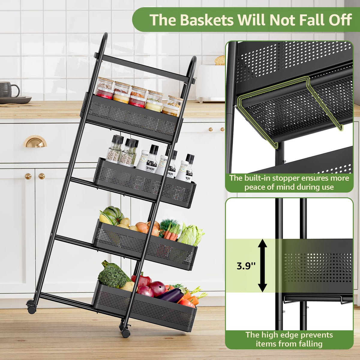 KINGRACK 5 Tier Slim Rolling Cart with Drawer, Metal Utility Storage Cart