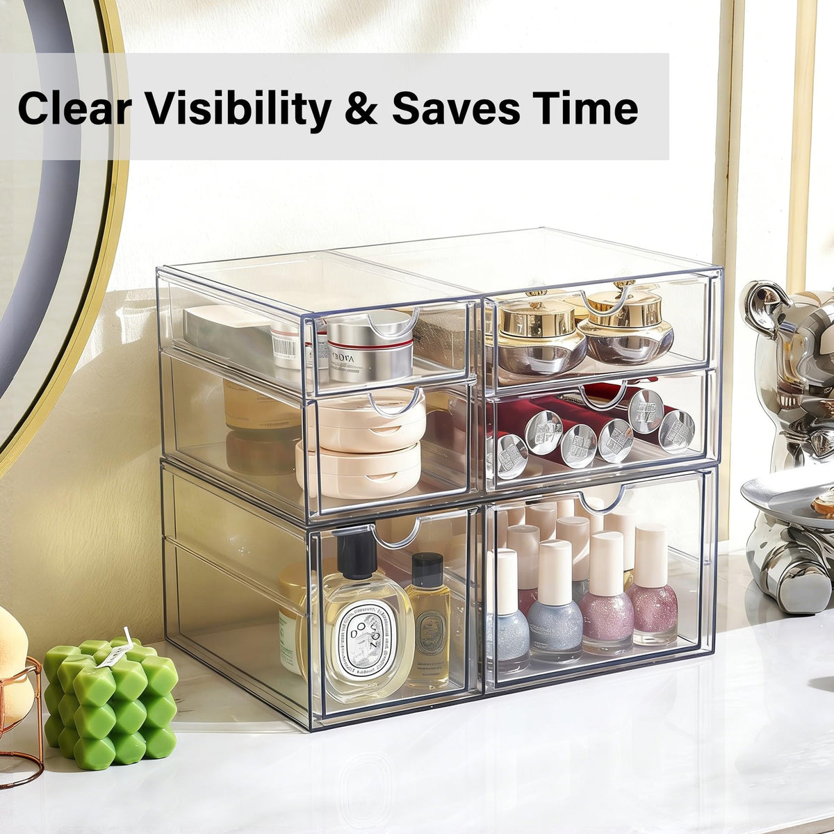 Prsildan Acrylic Makeup Organizer Clear Storage Drawer with 6 Small Drawers