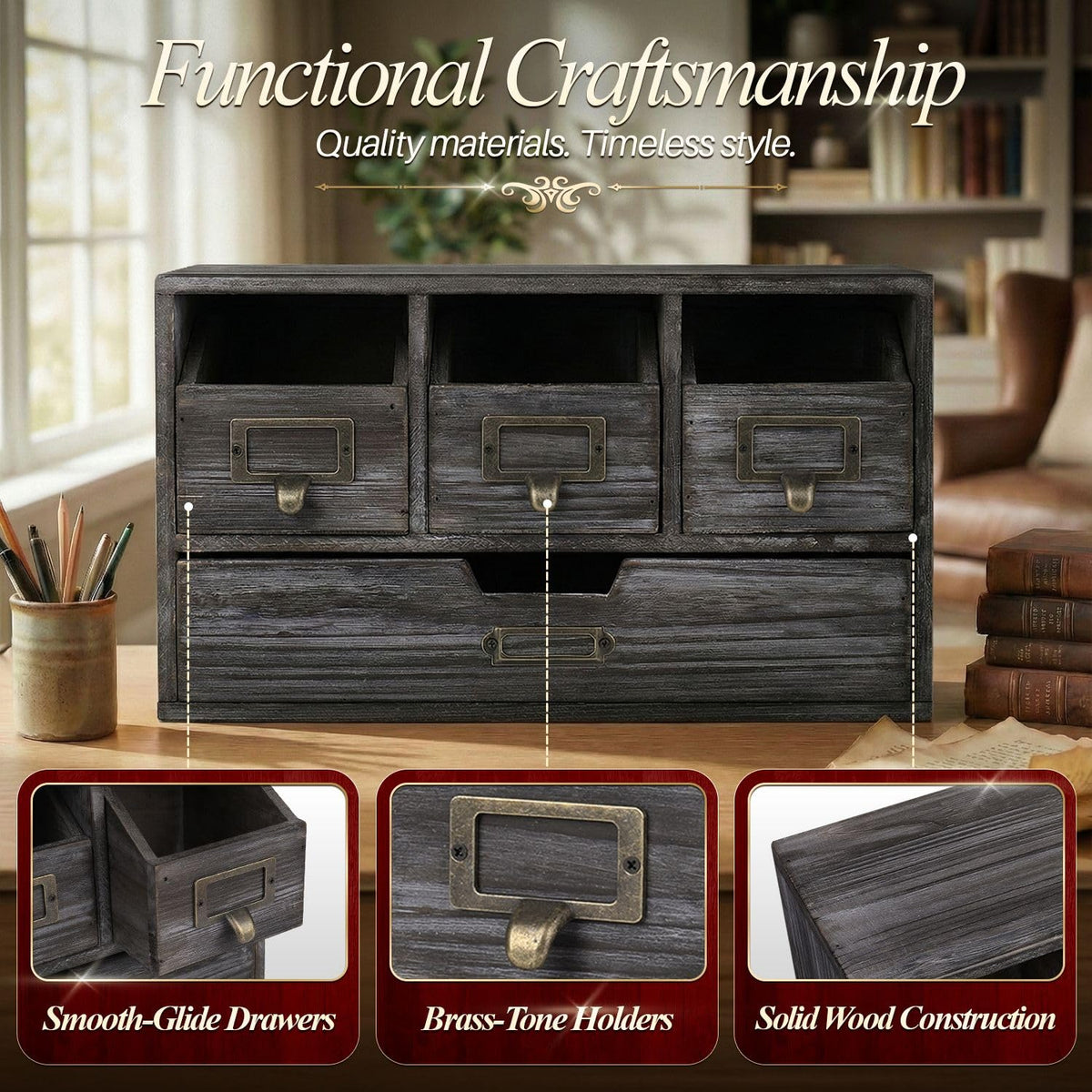 Flexzion Apothecary Cabinet with 4 Drawers - Vintage Rustic Wood Desktop Organizer for Home &