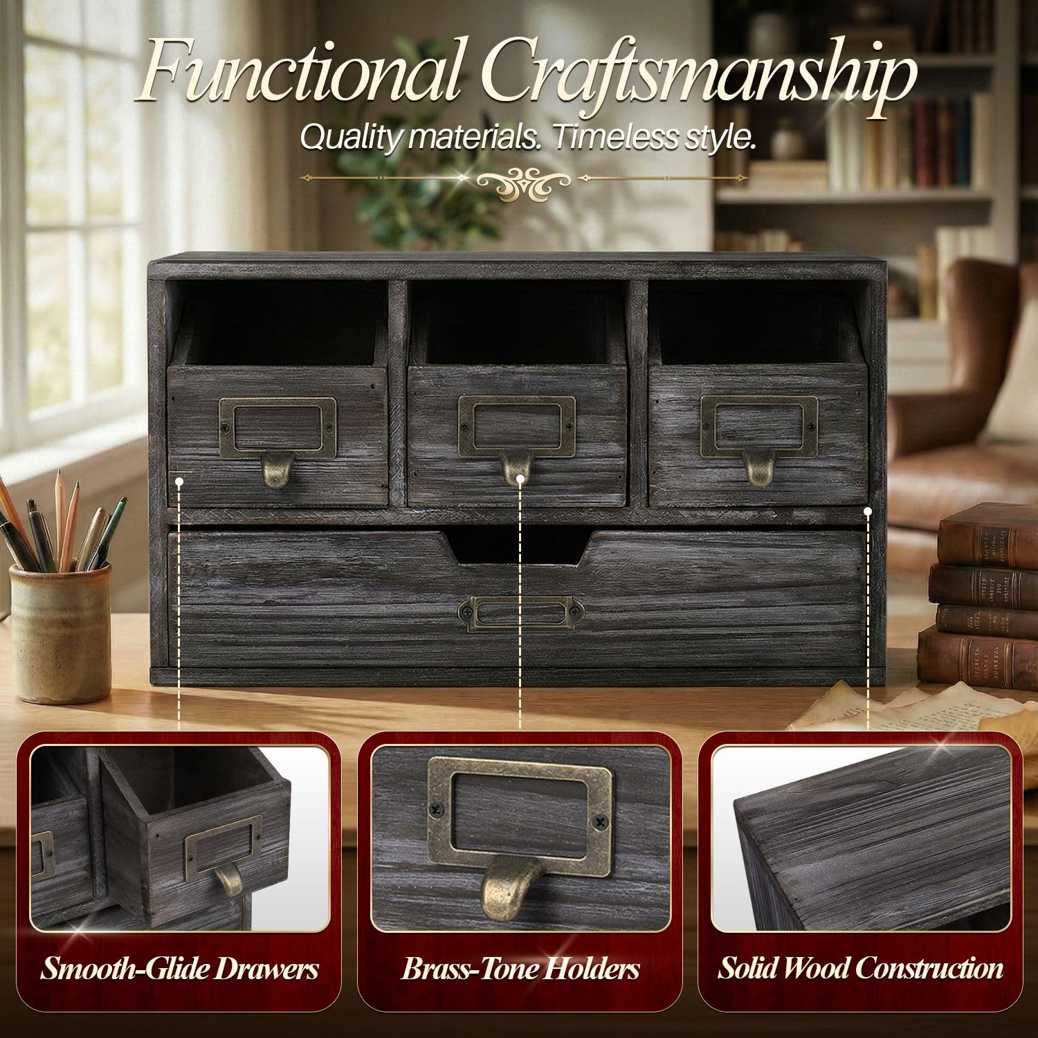 Flexzion Apothecary Cabinet with 4 Drawers - Vintage Rustic Wood Desktop Organizer for Home &