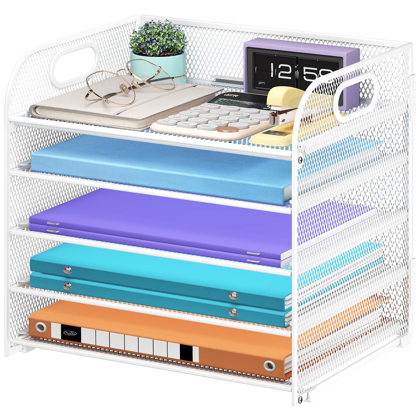 Cawukege 5 Tier Paper Organizer with Handle, White Metal Mesh Desk Organizer File Folder Paper
