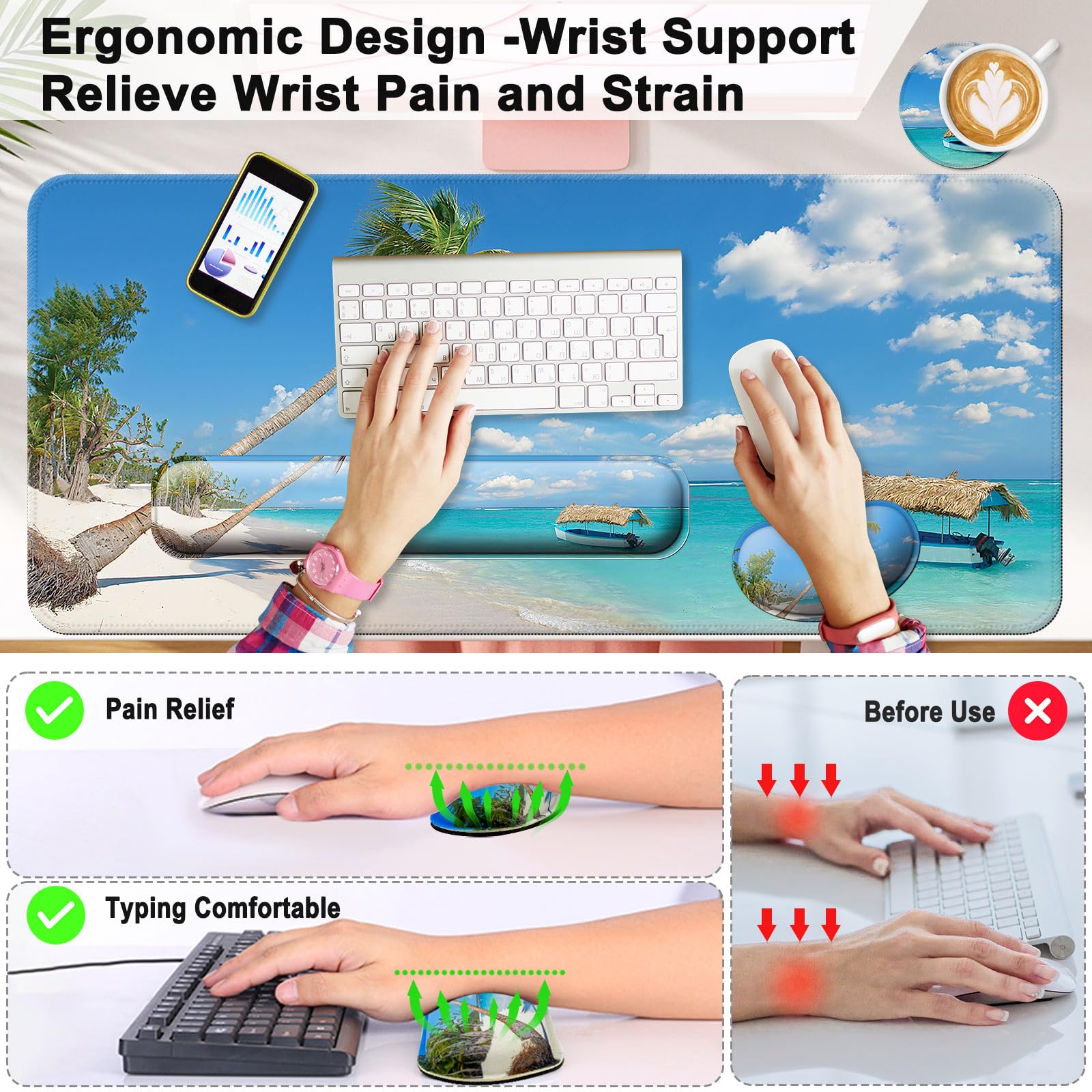 4 in 1 Mouse Pad and Keyboard Wrist Rest,Large Desk Mat,Coaster Set-Sea