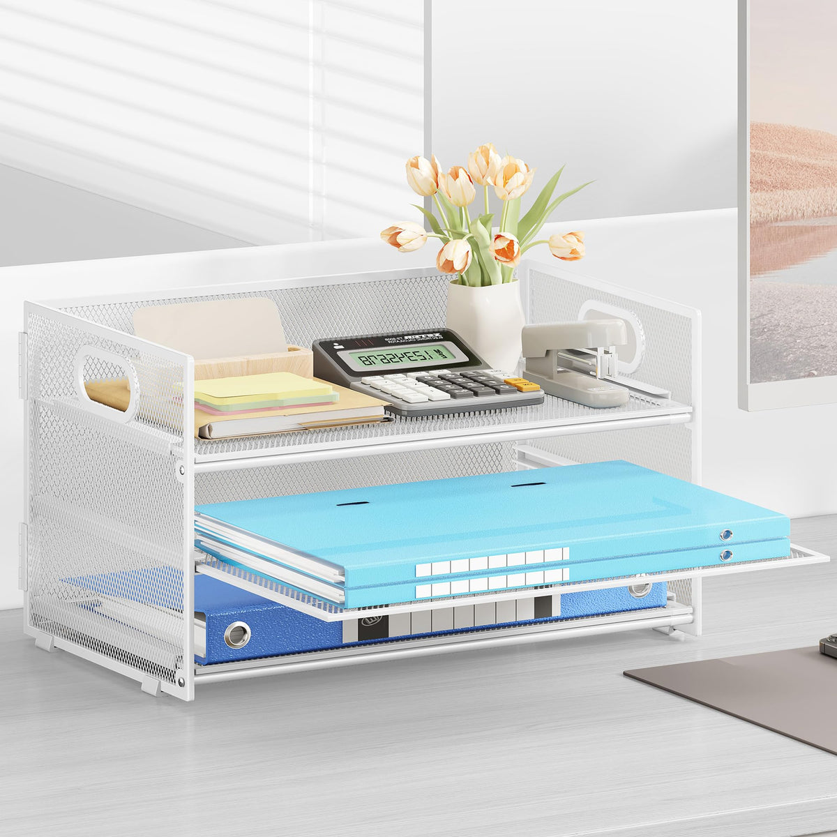 Subekyu 3 Tier Letter Tray Paper Organizer with Handle, 1 PC Sliding Tray, White Metal Mesh Desk