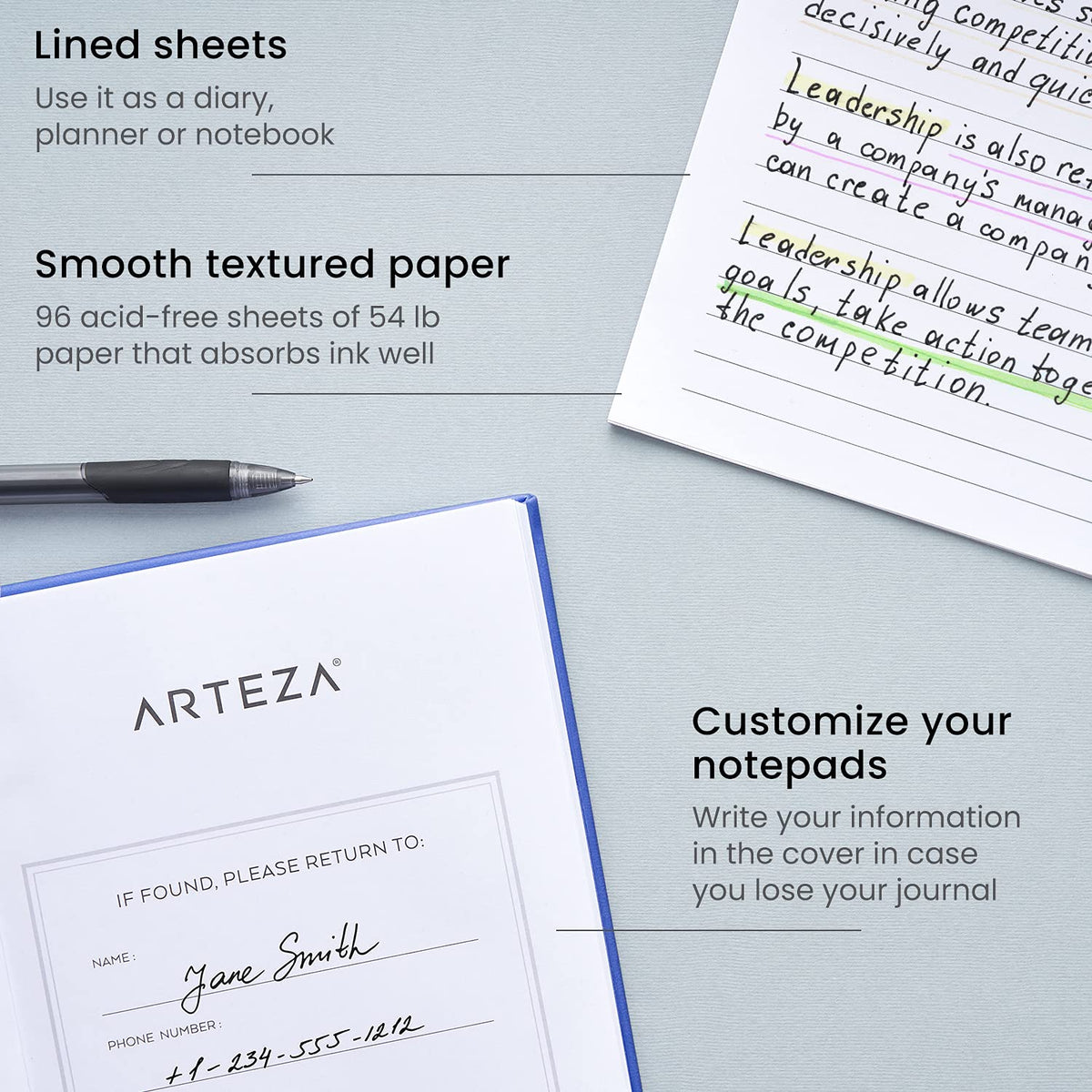 Arteza Lined Journal Notebooks, Pack of 2, 6 x 8 inch, 96 Sheets, Cobalt Blue and Gray, Hardcover