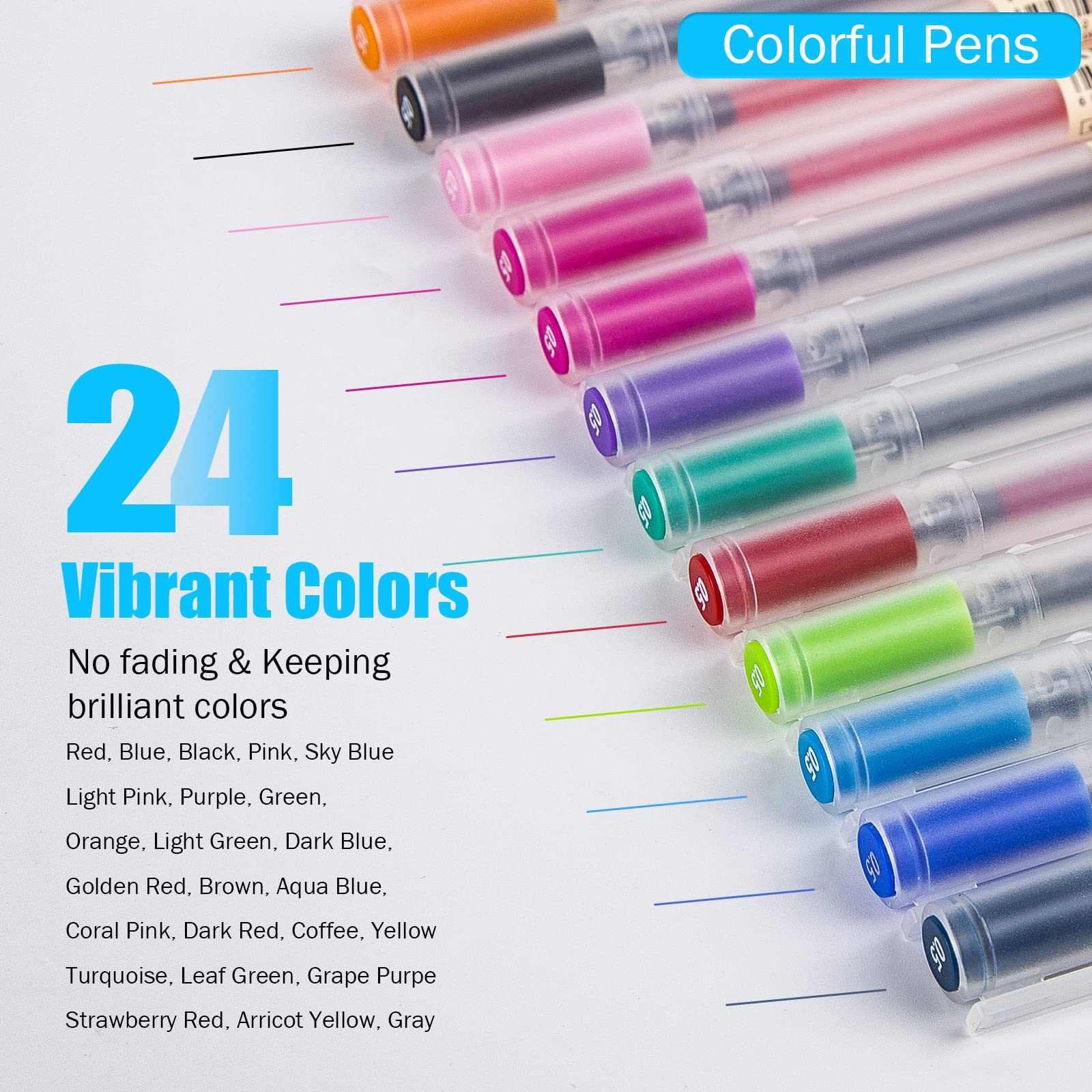 BEIWO Premium Gel Ink Ball Point Pen, [0.5mm] Fine Point 24 Color Pens, Smooth Writing Gel Pen for
