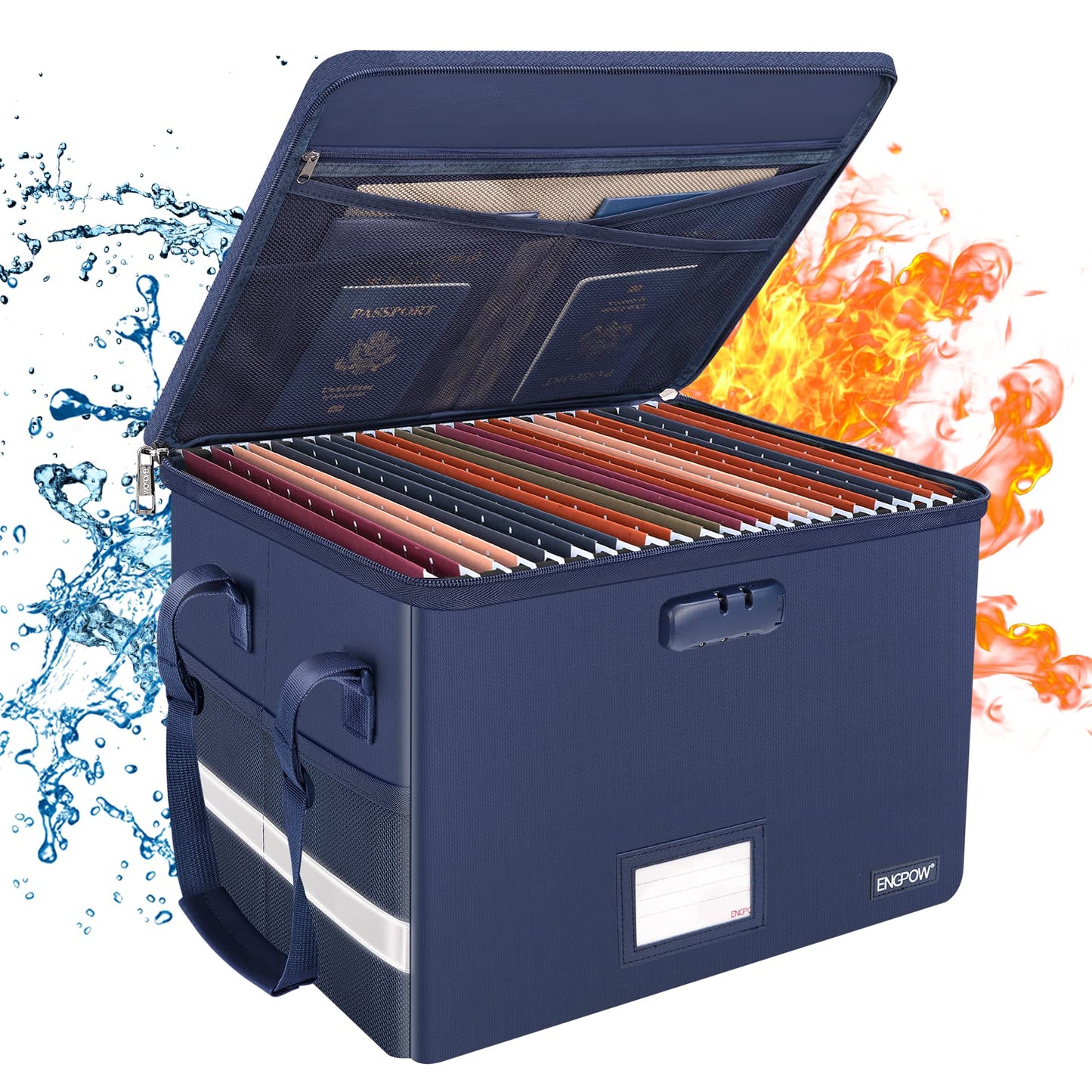 ENGPOW File Box with Lock, Fireproof Document Box with Zipper＆Pockets, Collapsible File Organizer