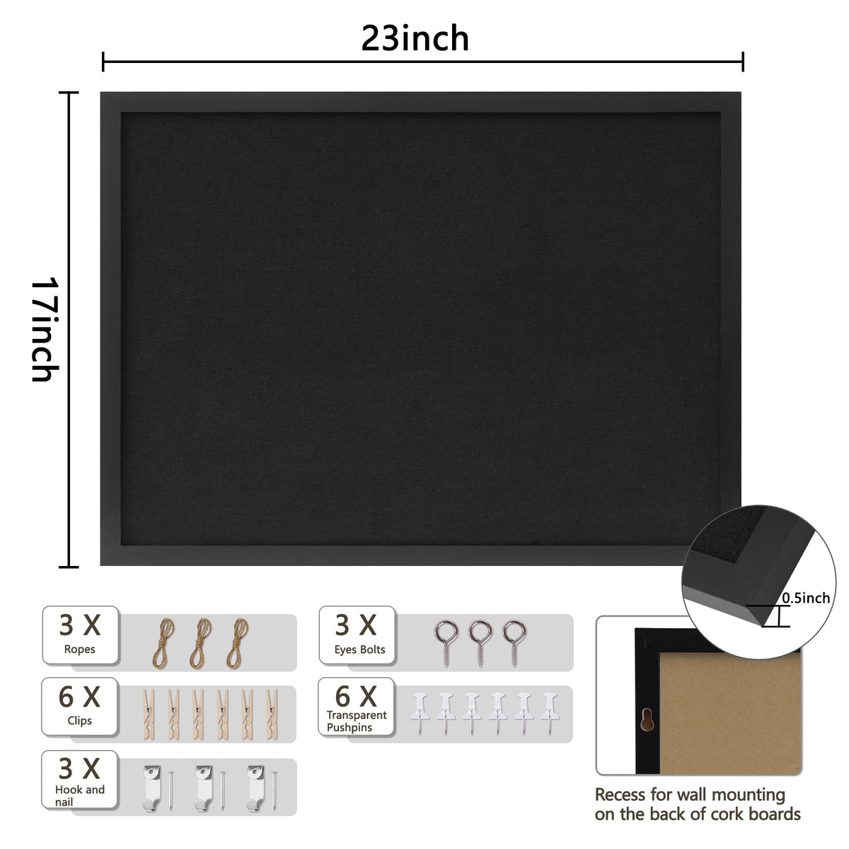DAHAPYBOO Cork Board with Linen Black,Bulletin Board 23"x17"