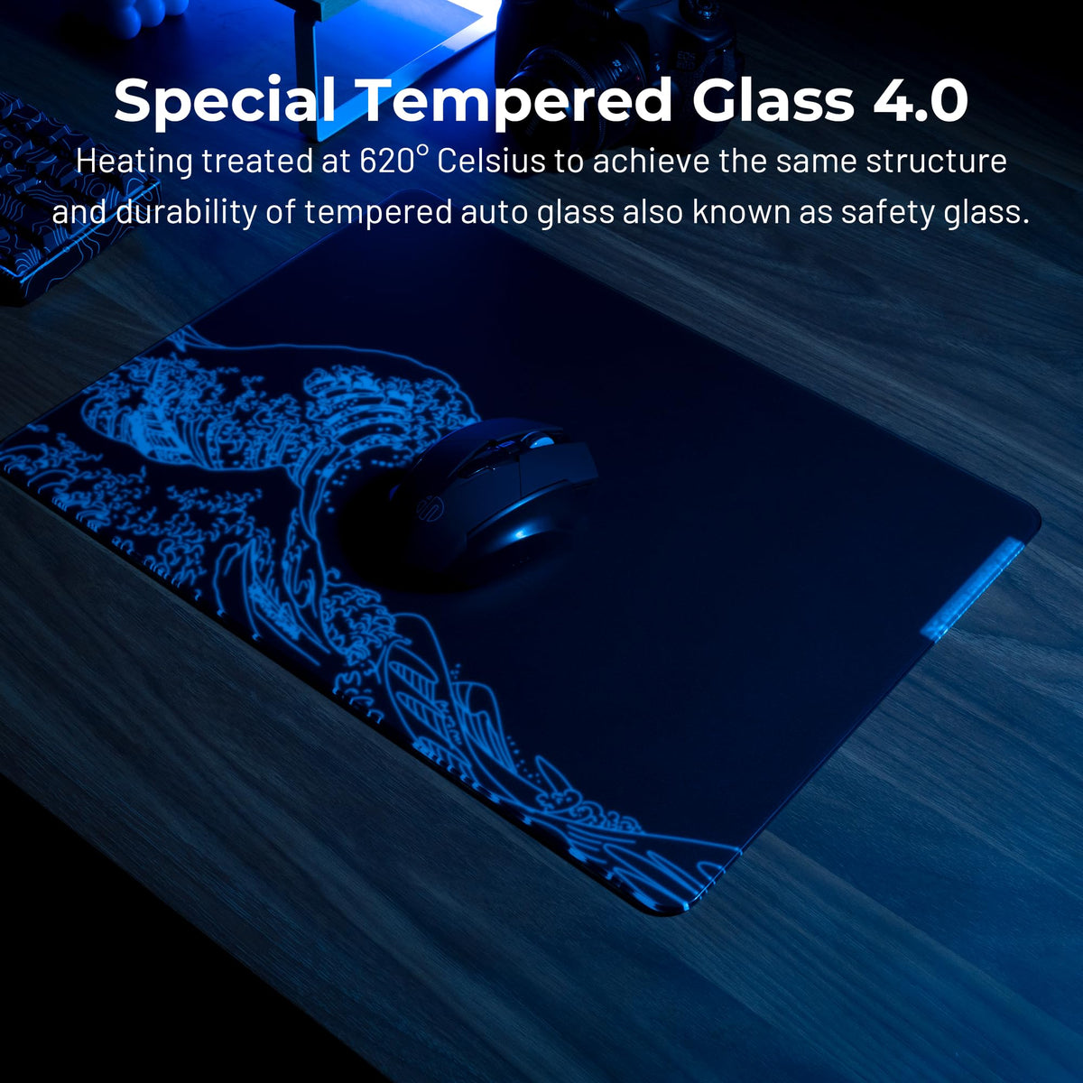 XVX Black Kanagawa Glass Mousepad 4.0, Hard Mouse Pad for Gaming, Ultra-Smooth Micro-Etched Surface