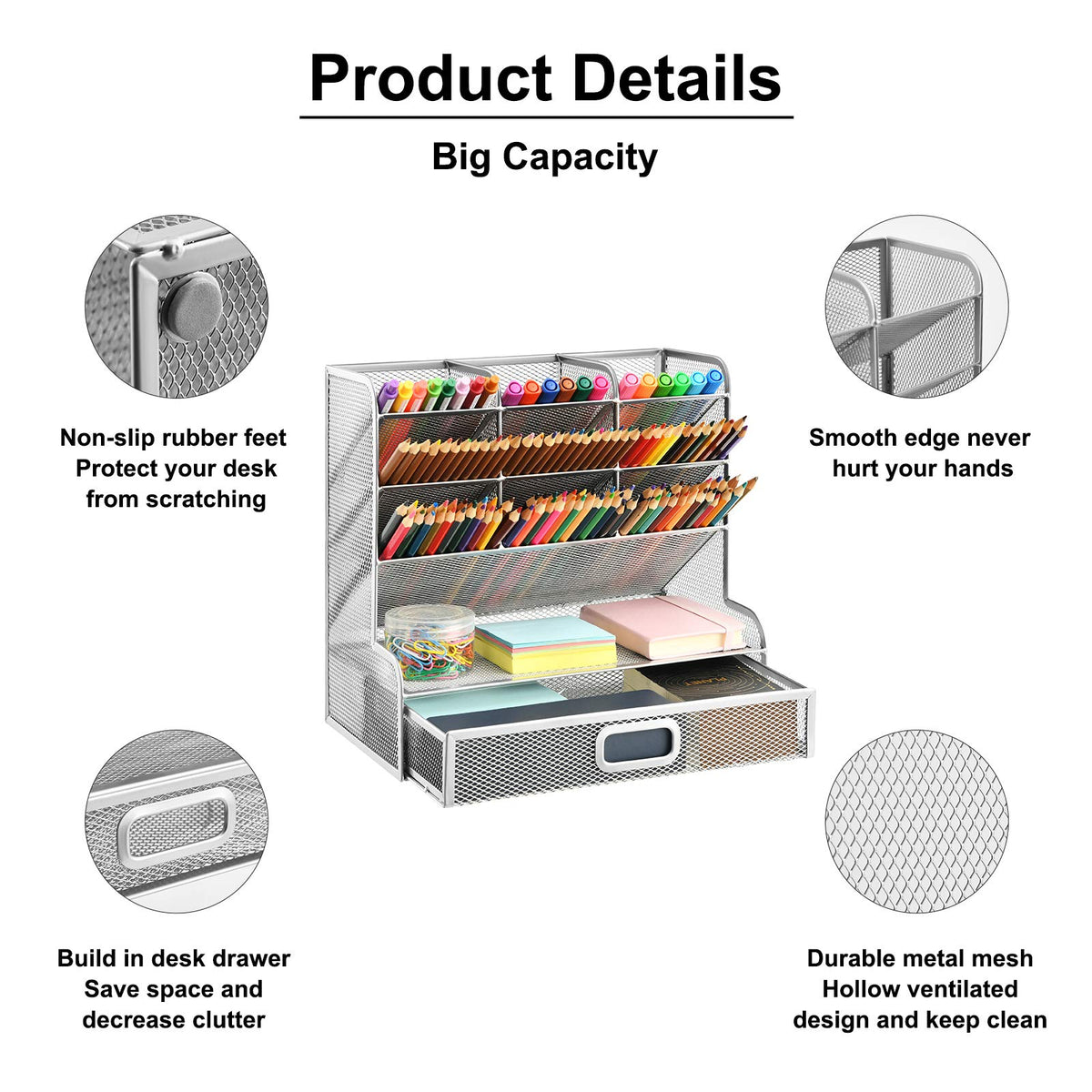 Marbrasse Larger Mesh Desk Organizer with Drawer, Multi-Functional Pen Pencil Holder, Desk