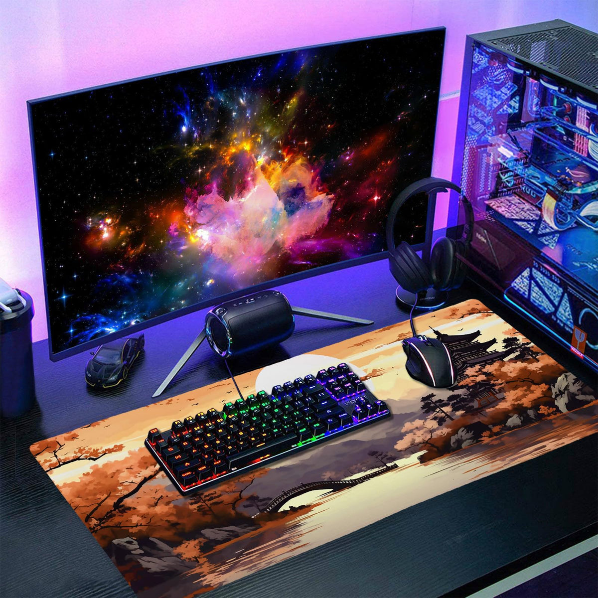 Orange Japanese Sakura Gaming Mouse Pad XXL Yellow Cherry Blossom Mountain Aesthetic Large Desk Mat