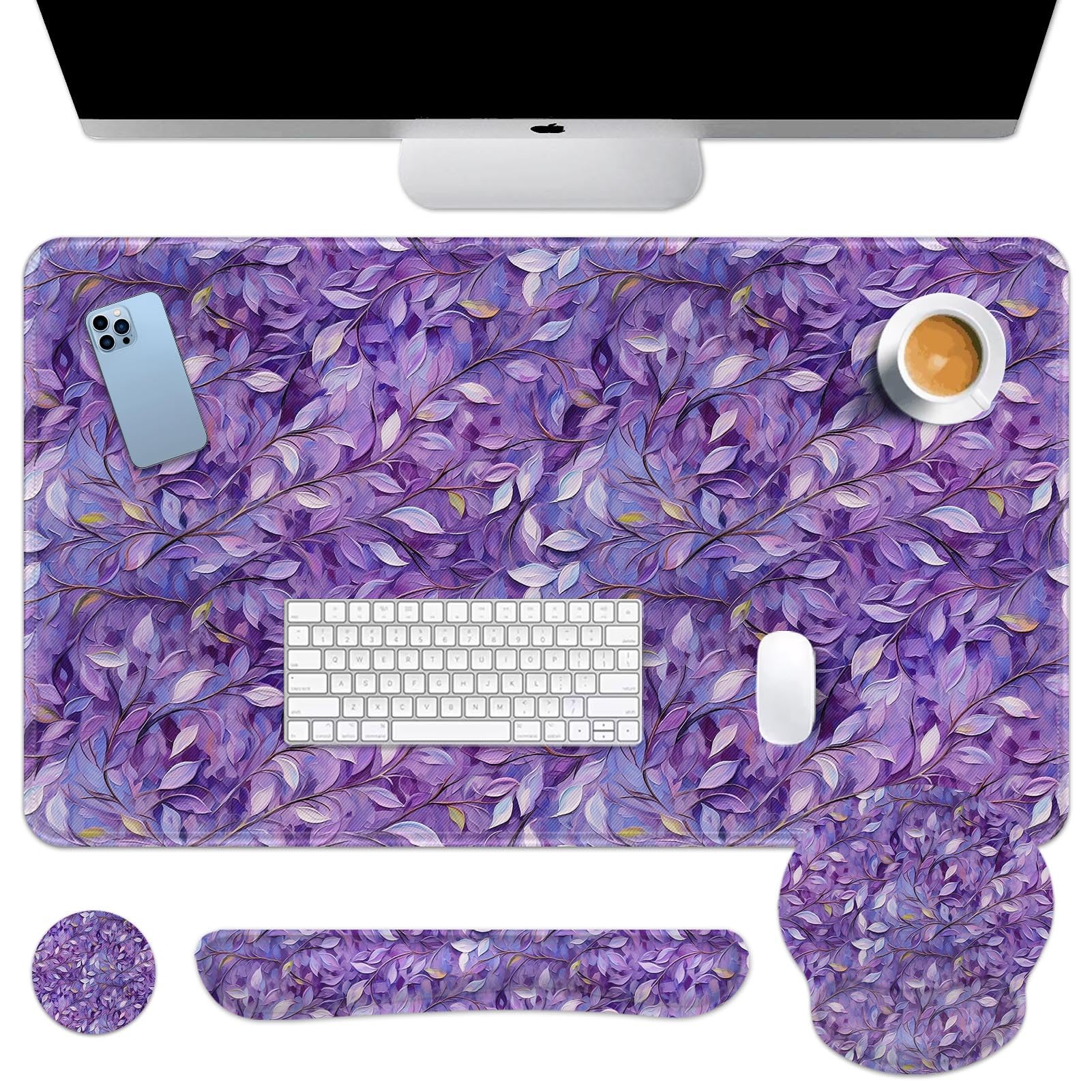 Britimes Keyboard Mouse Pad Set, 4 in 1 Desk Mat Set, Purple Leaves Oil