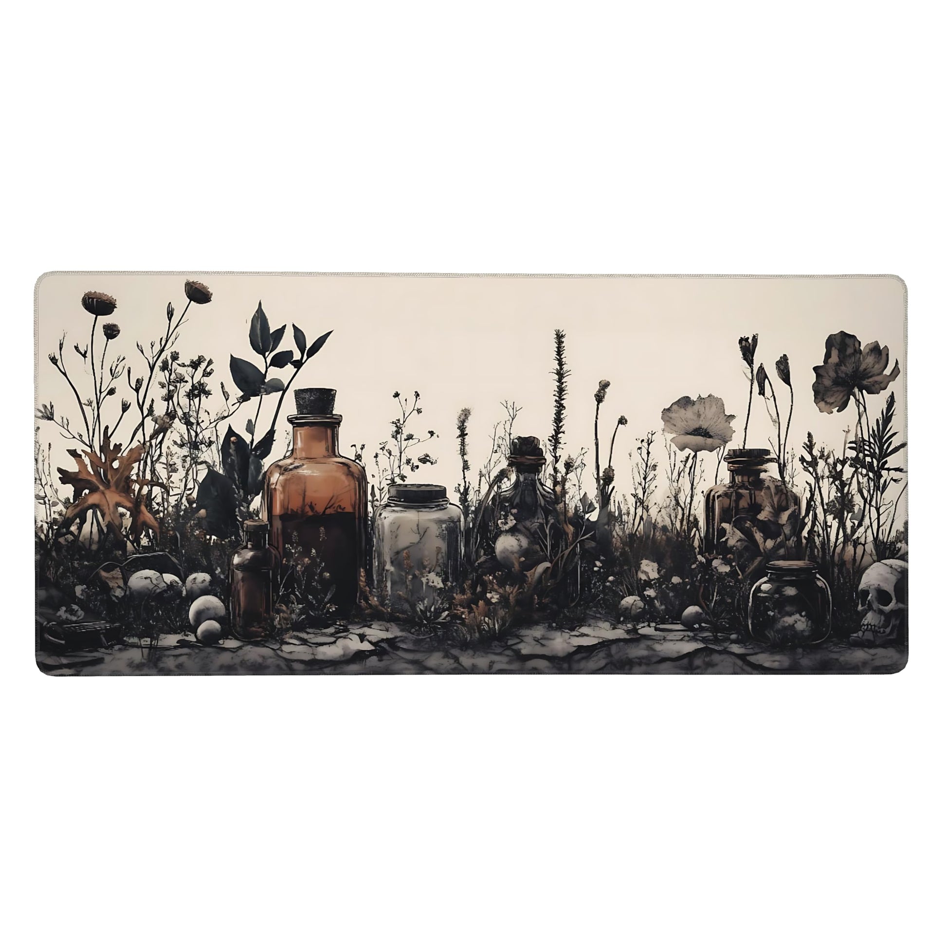 Aesthetic Skull Gaming Mouse Pad, Earth Tone Vintage Botanical Desk Mat with Anti-Slip Base &