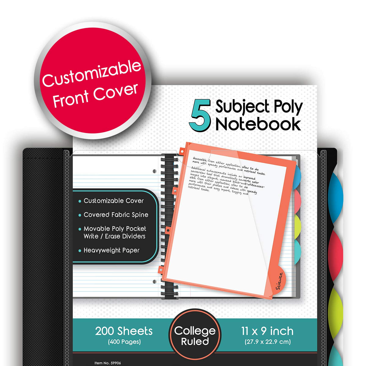 IQ+ iScholar 5-Subject Poly Cover Wirebound Notebook, College Ruled, 11 x 8.5 Inch Sheet Size, 200