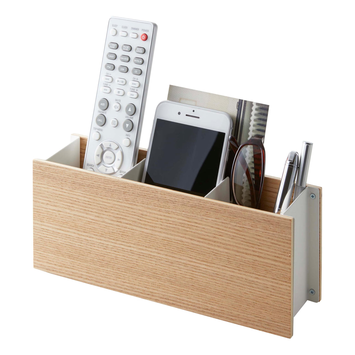 YAMAZAKI Home Rin Desk Organizer - Tv Remote Control And Pen Holder - Small - Steel + Wood