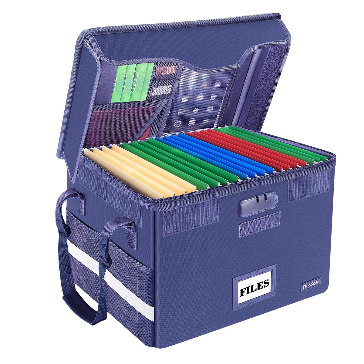 DocSafe Fireproof Document Box with Lock, File Storage Organizer with Mesh Pockets, Collapsible