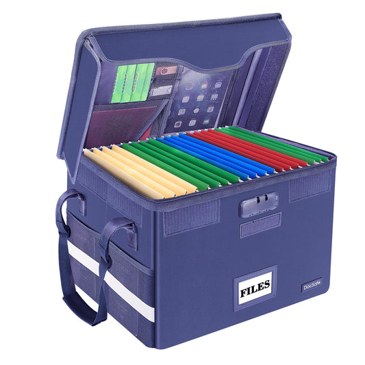 DocSafe Fireproof Document Box with Lock, File Storage Organizer with Mesh Pockets, Collapsible