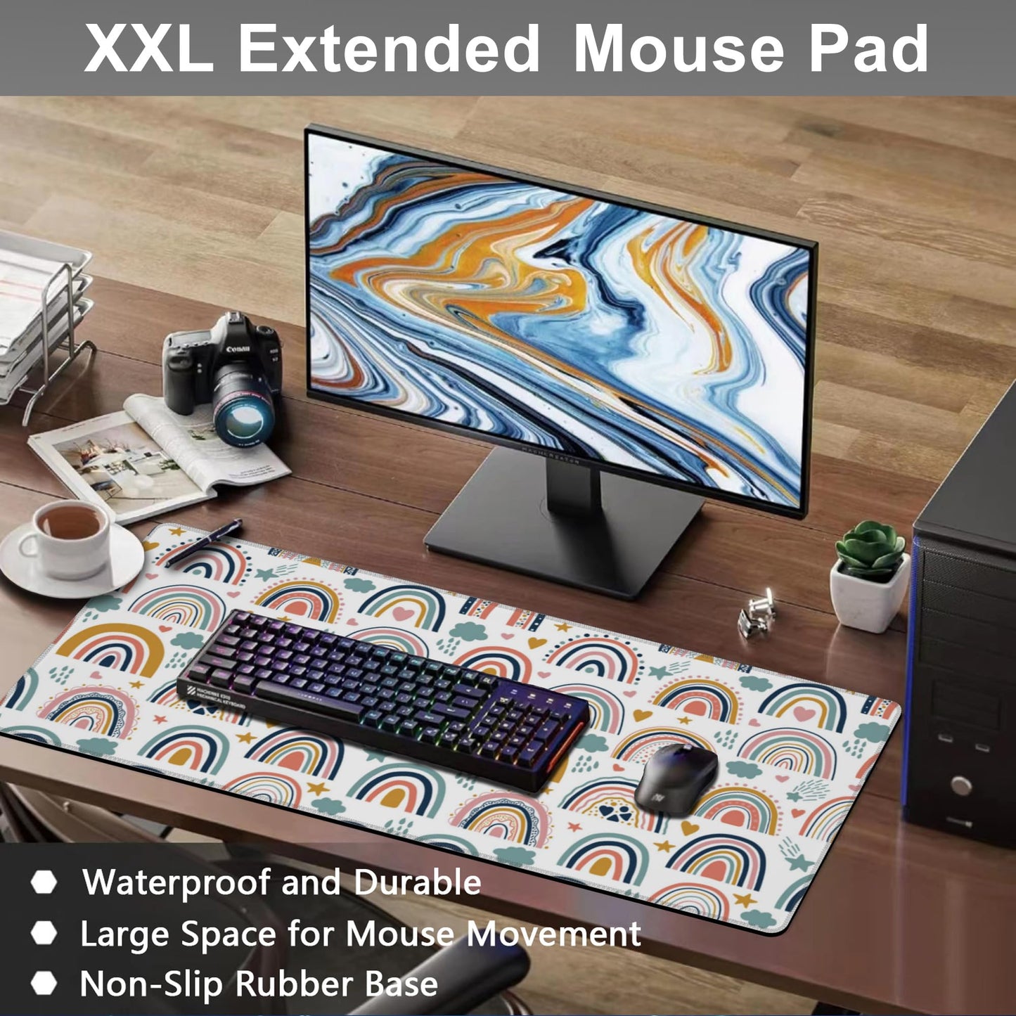 Mouse Pad, Large Boho Rainbow Desk Mat, Extended Non-Slip Gaming Keyboard Mousepad Desk Pad, Thick