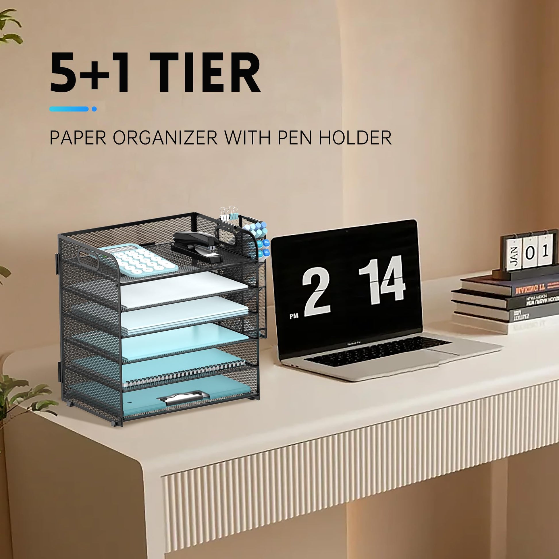 Supeasy 6 Tier Desk Organizer with 4 Pen Holders and Mesh Paper Trays Black
