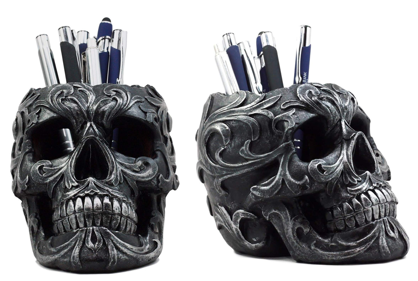 Ebros Gift Set Of 2 Tribal Tattoo Floral Skull Pen Holder Figurine 5.75" L Office Desktop Ossuary