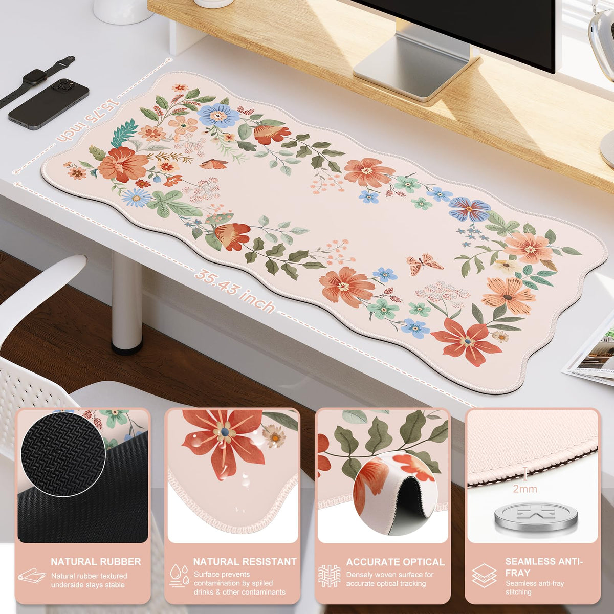iCasso Desk Mat, Scalloped Desk Matt for Desktop, Cute Desk Pad Mat, XXL Large Mouse Pad, Anti-Slip