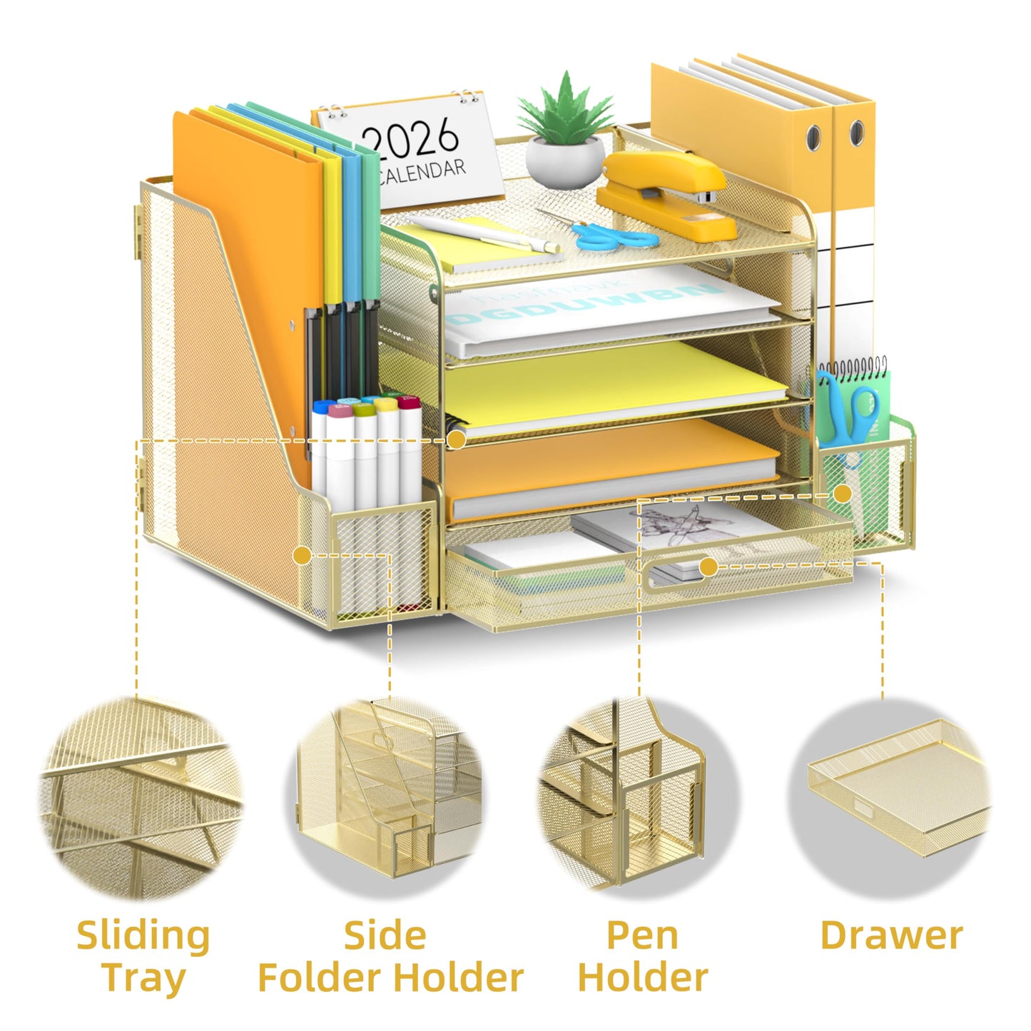SUPEASY Mesh Desk Organizer with File Holder, 5-Tier Paper Letter Tray Organizer with Magazine