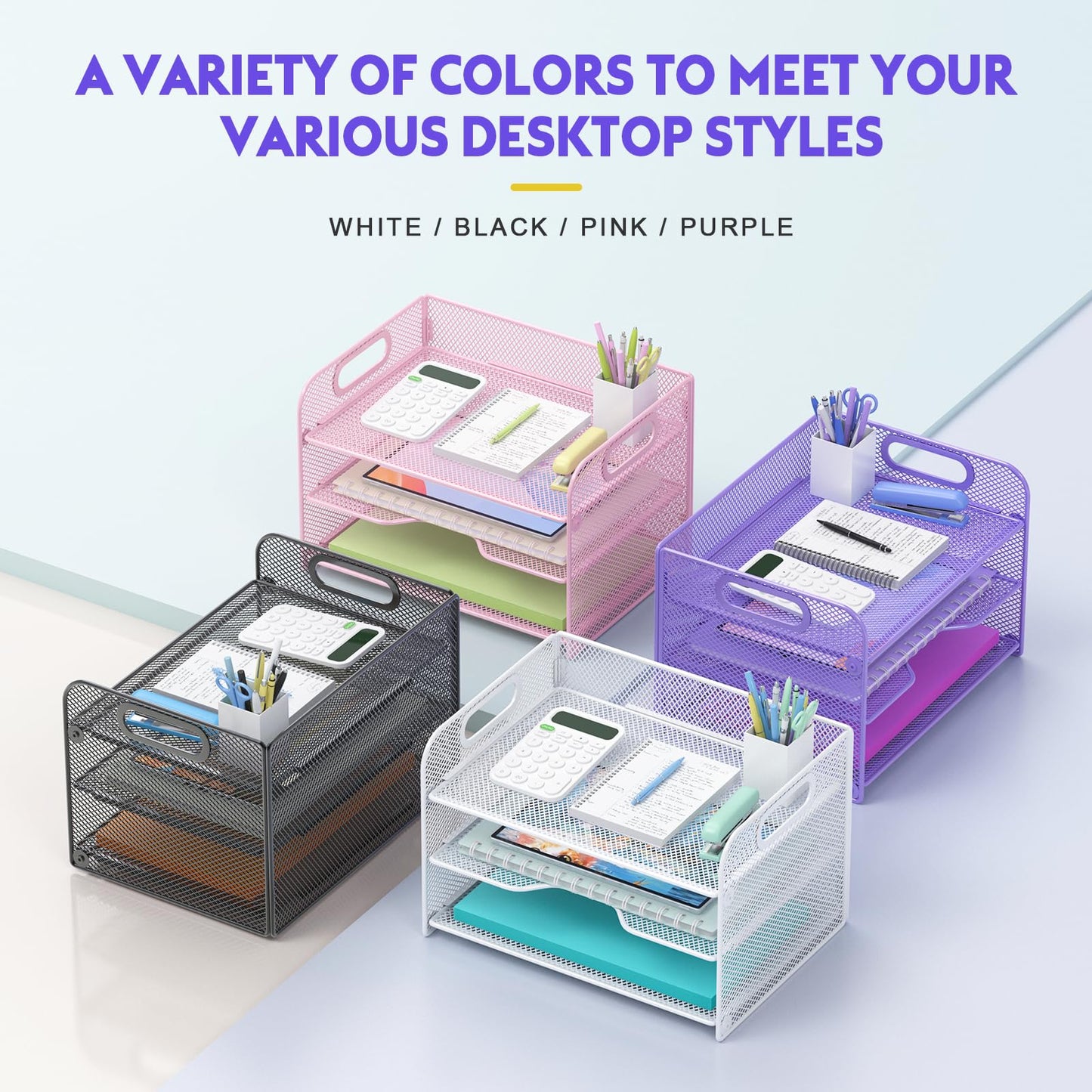 Samstar 3 Tier Purple Letter Tray Paper Organizer with Handle, Mesh Desk Organizer Paper Sorter