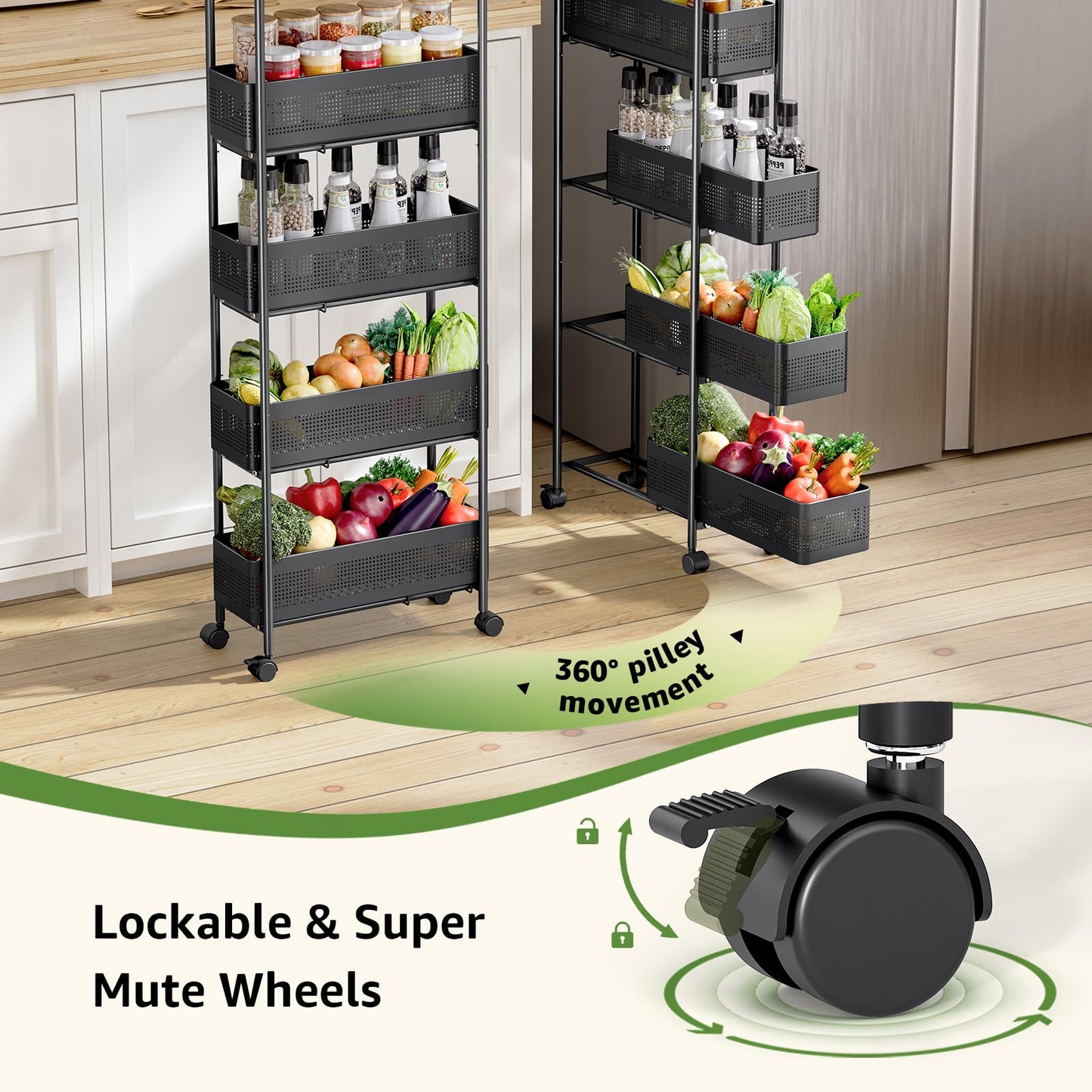KINGRACK 5 Tier Slim Rolling Cart with Drawer, Metal Utility Storage Cart