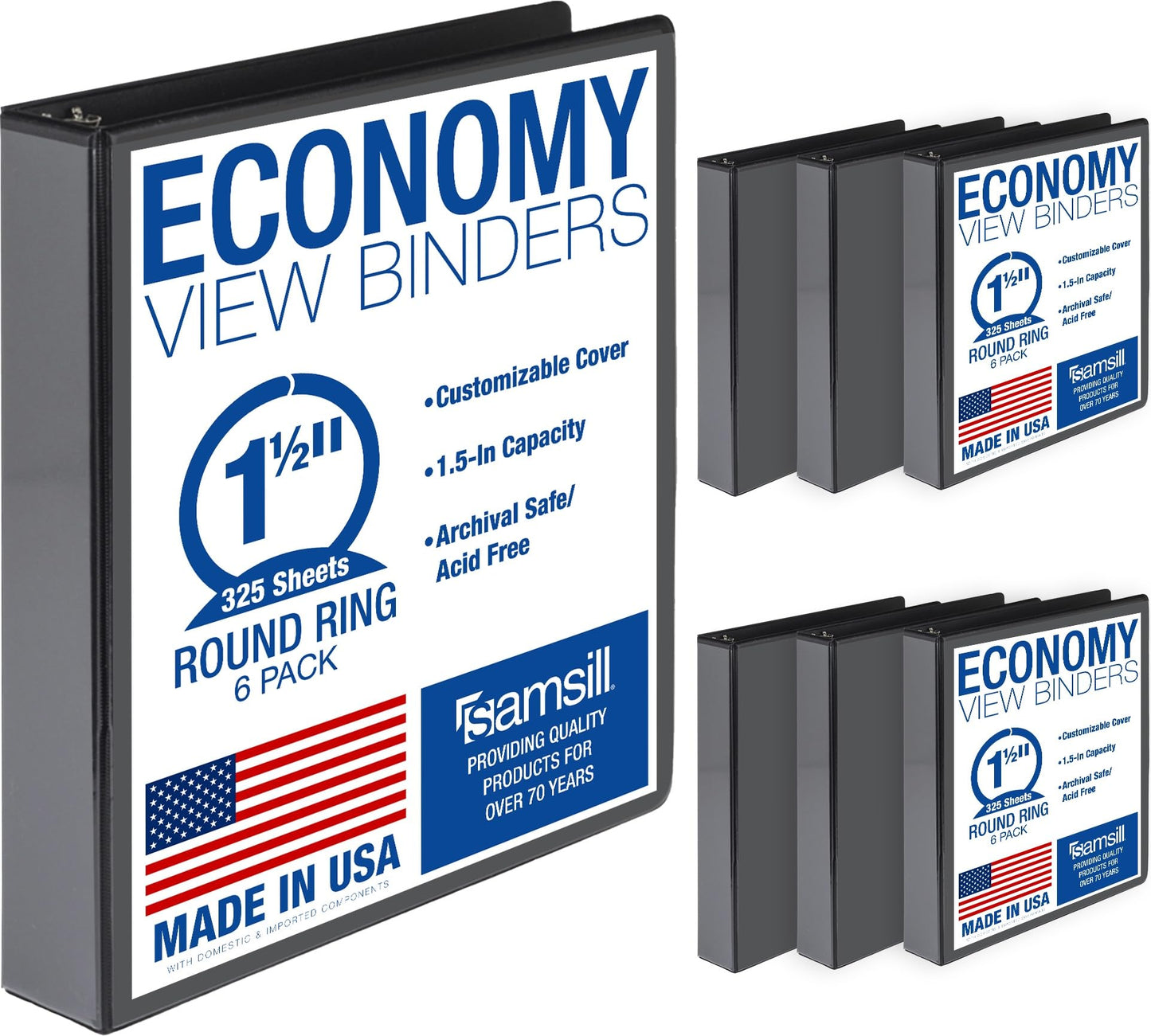 Samsill 1.5 Inch 3 Ring Binders, Economy Round Ring, Clear View Cover, 325 Sheet Capacity - for