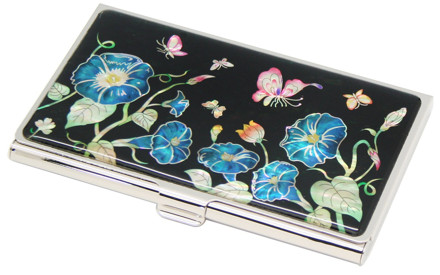 Antique Alive Mother of Pearl Blue Morning Glory Flower Design Metal Business Credit Name Id Card