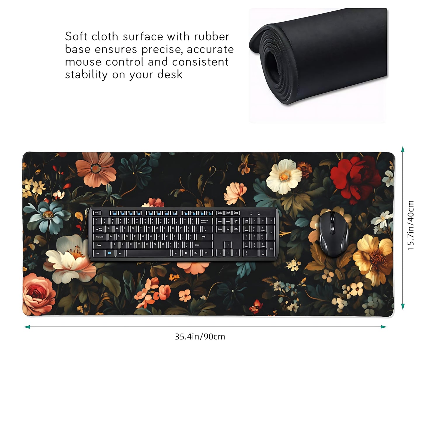 Floral Aesthetic Rose Gaming Mouse Pad, Black Dark Botanical Desk Mat with Anti-Slip Base &