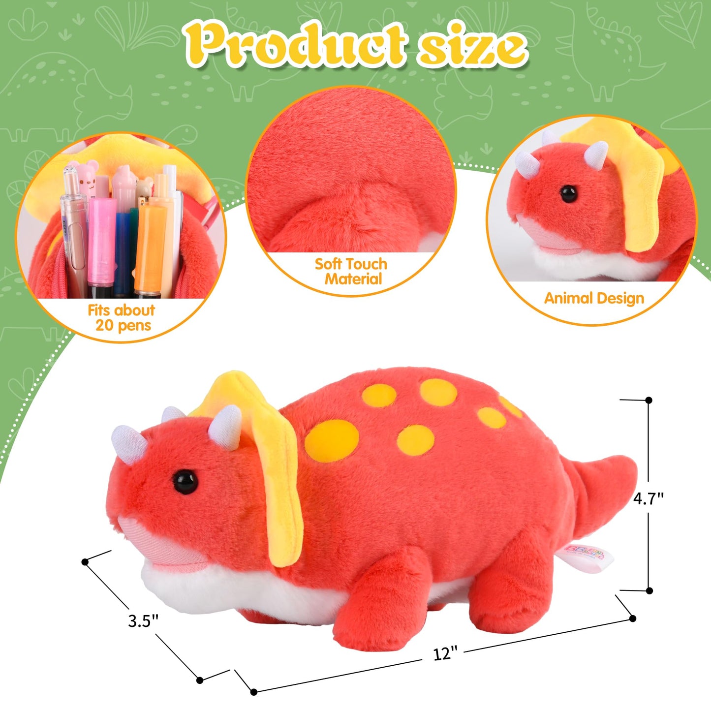 Pencil Case for Kids, BB FUNHOUSE 3D Stuffed Triceratops Plush Pen Pouch Bag Stationery Case School