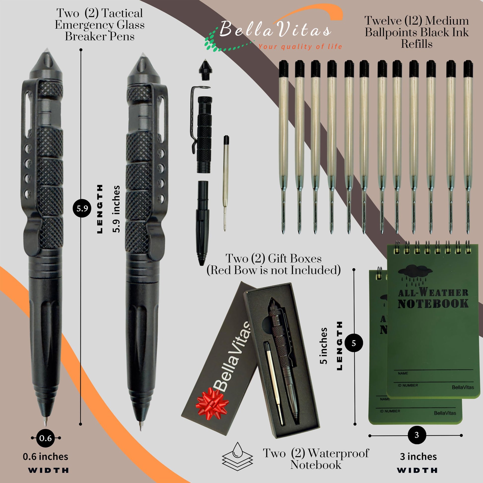 BellaVitas Military Tactical Pen, Emergency Glass Breaker Pen, Tactical EDC Pen, Multitool pen