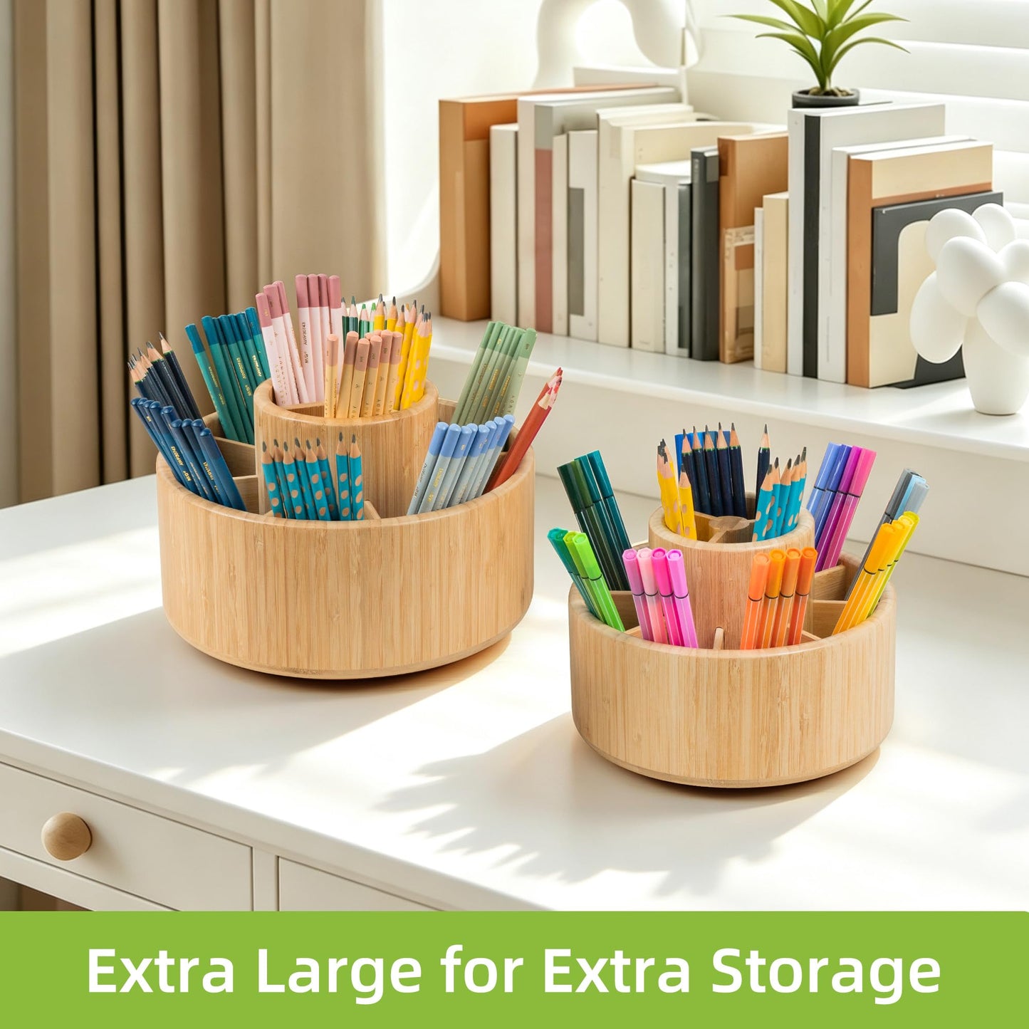 Utoplike Large Bamboo Rotating Pencil Holder, 360° Colored Pen Organizer