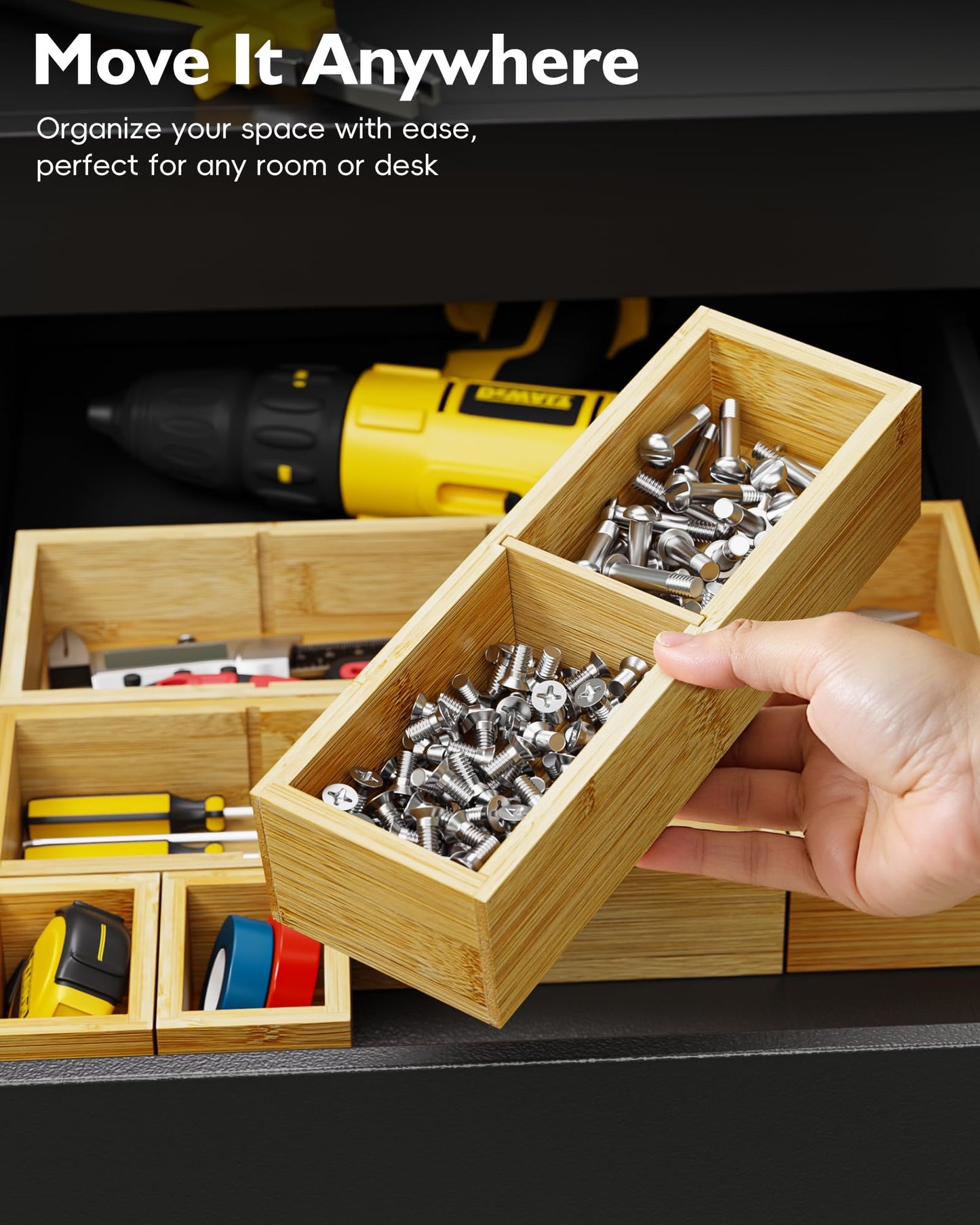 VA1KENE Bamboo Drawer Organizer Set, 6 PCS Trays with 12 Compartments