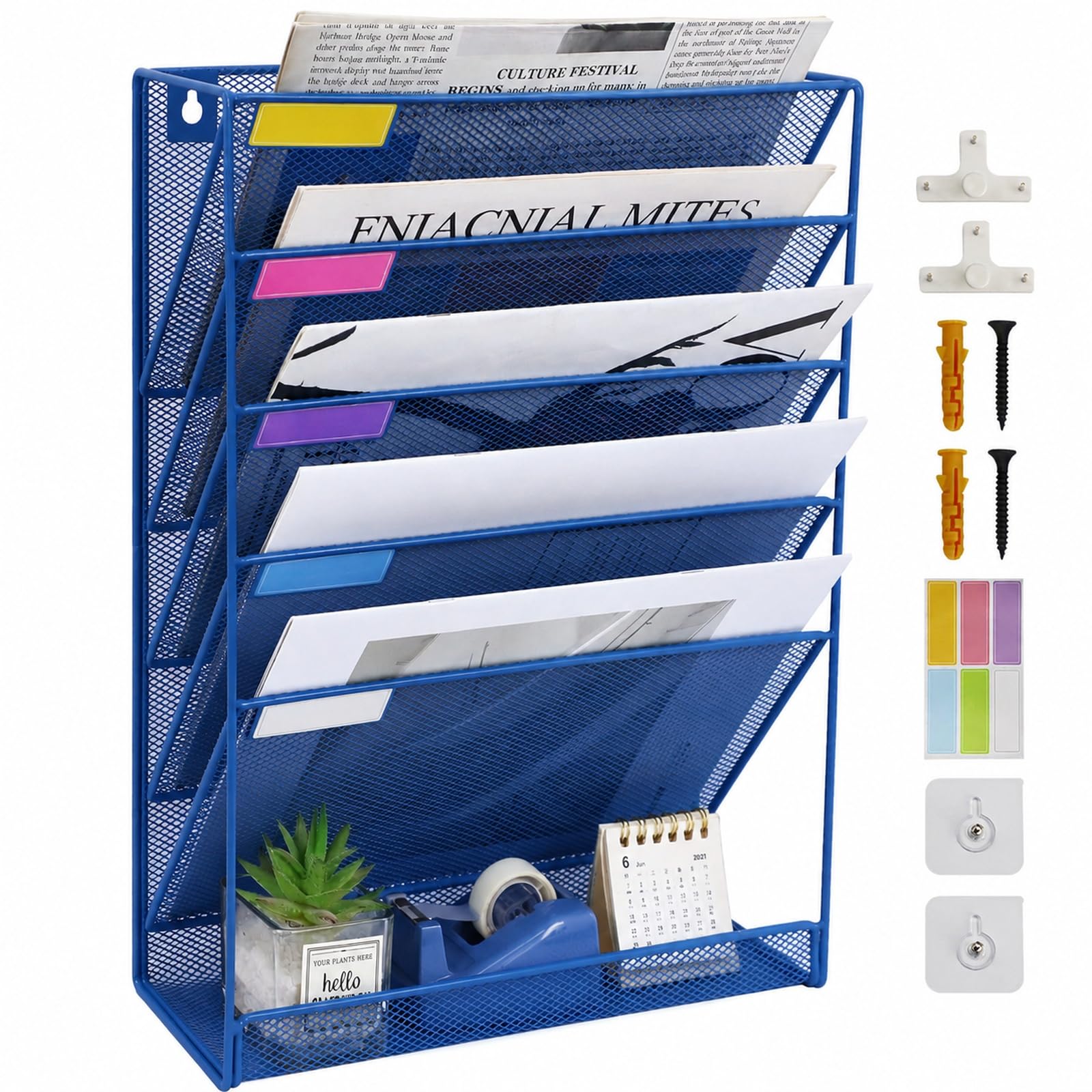ideallife 5 Pockets Mesh Wall File Holder Organizer with Bottom Flat Tray, Office Hanging File
