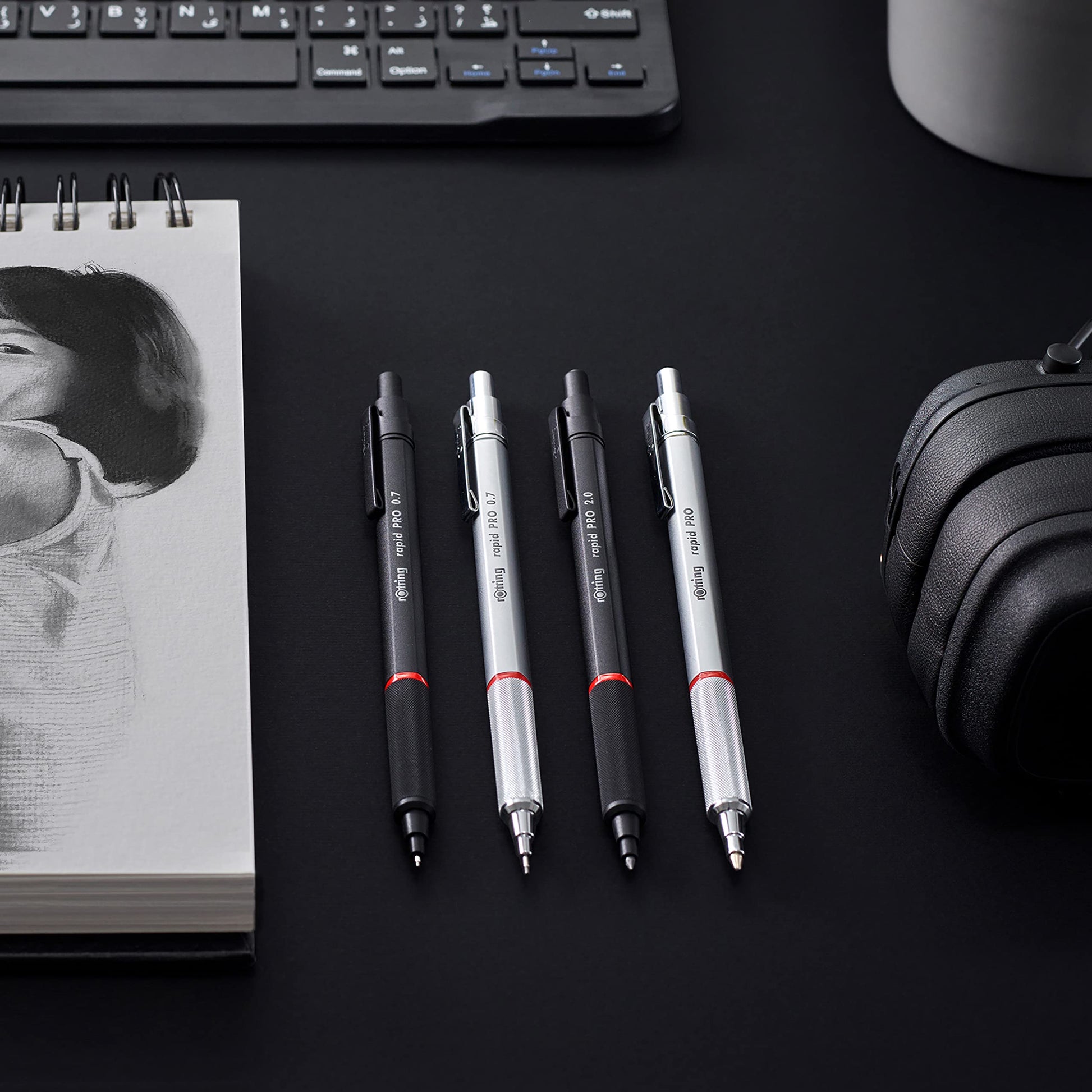 rOtring Rapid Pro Retractable Ballpoint Technical Drawing Pen, Medium Point, Blue Ink, Silver