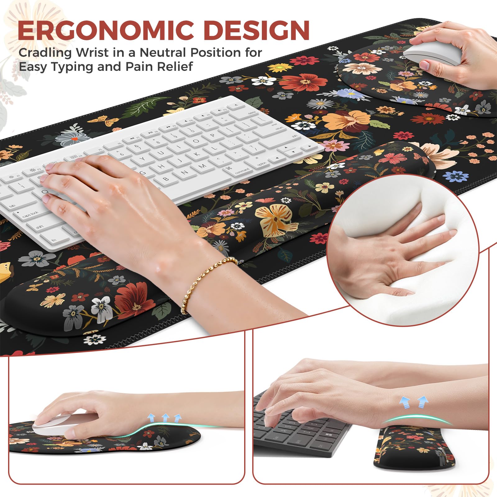iCasso Desk Cover Mat, 4in1 Floral Large Mouse Pad with Wrist Rest