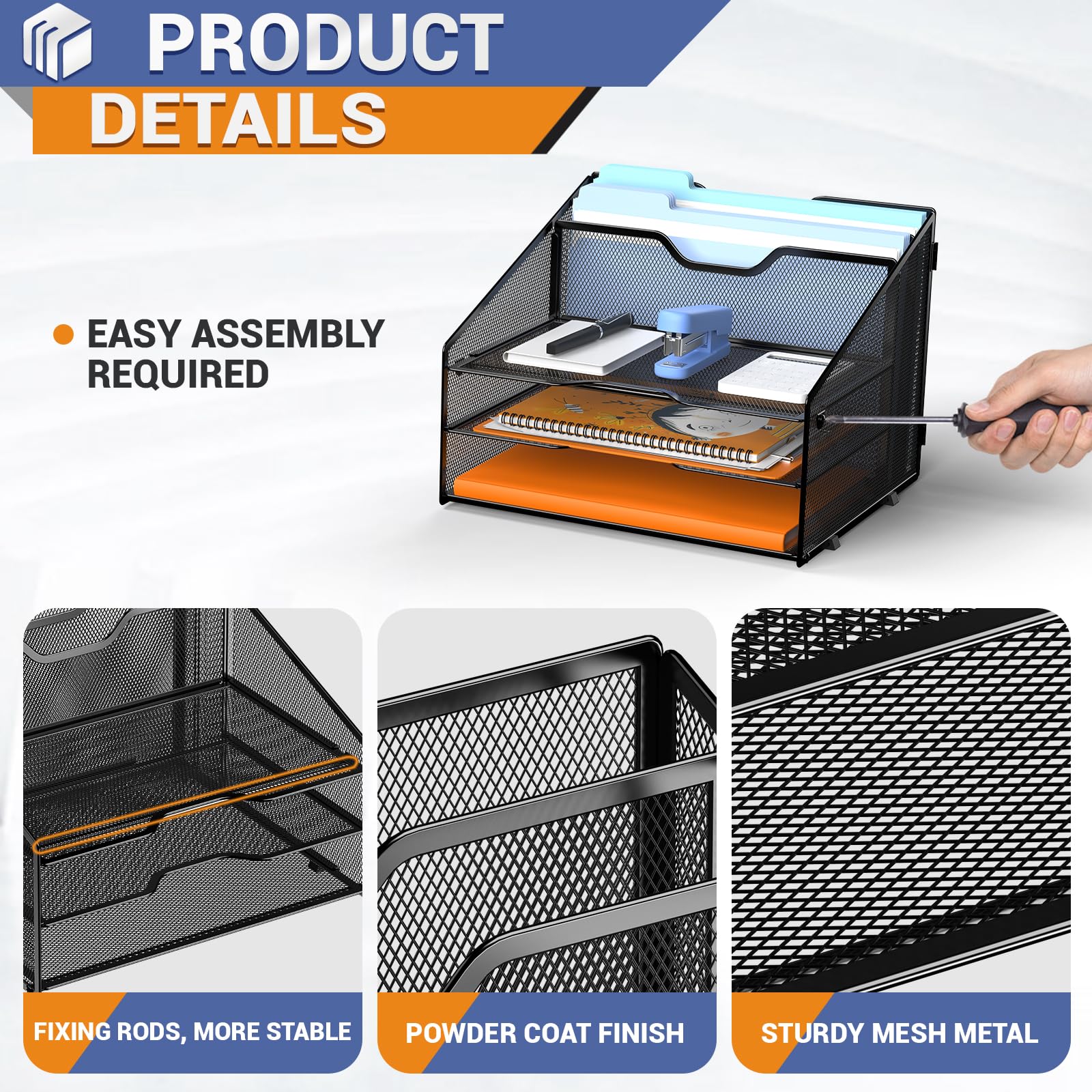 GAWERK Letter Tray Organizer, Mesh Desk File Organizer with 3 Paper Trays and 2 Vertical Upright