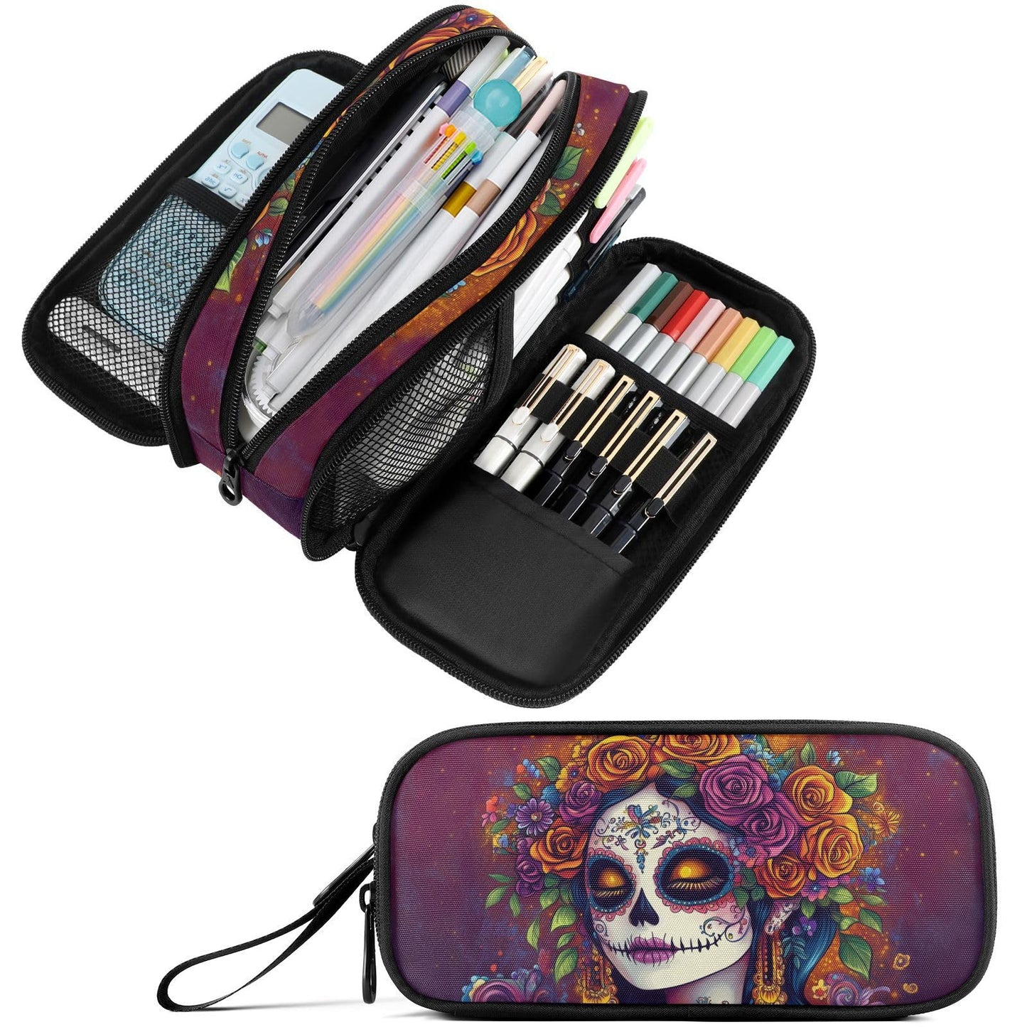 Fustylead Day Of The Dead Catrina with Roses Pencil Pen Case Stationery Bag 3 Compartments School