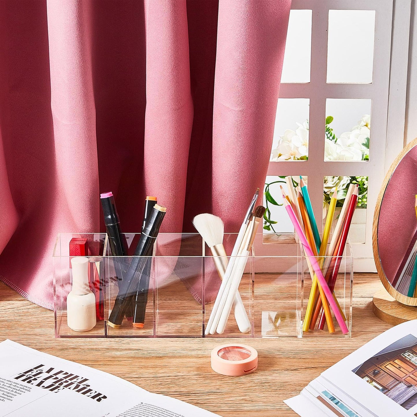 2 Pcs Acrylic Makeup Brush Holder 6 Compartments Pen Organizer, Clear